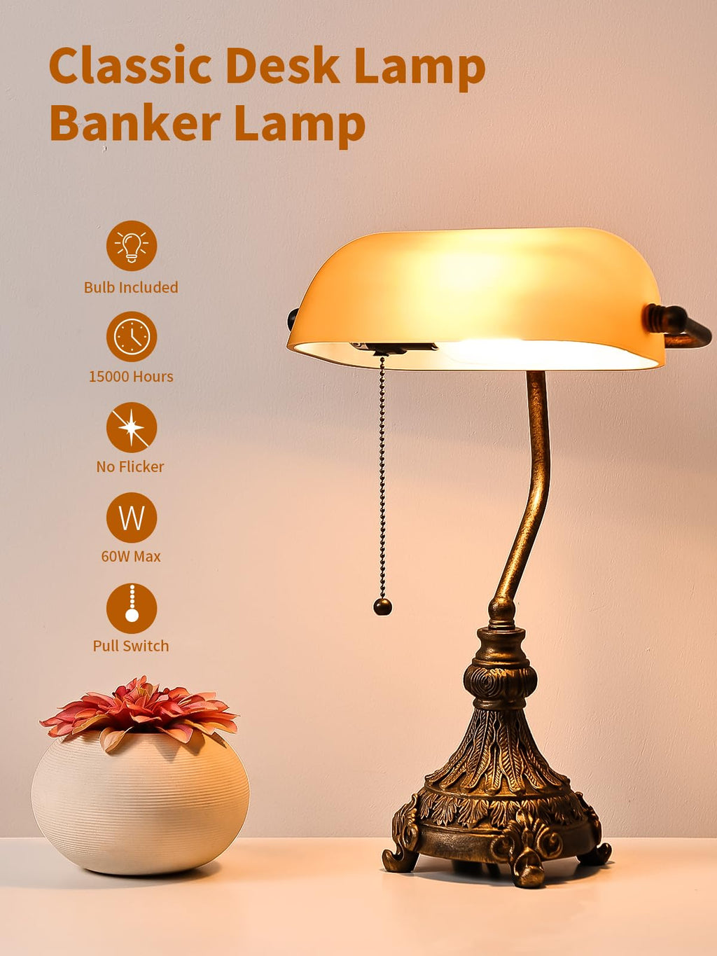 Vintage Amber Glass Bankers Desk Lamp,LED Bulb Included