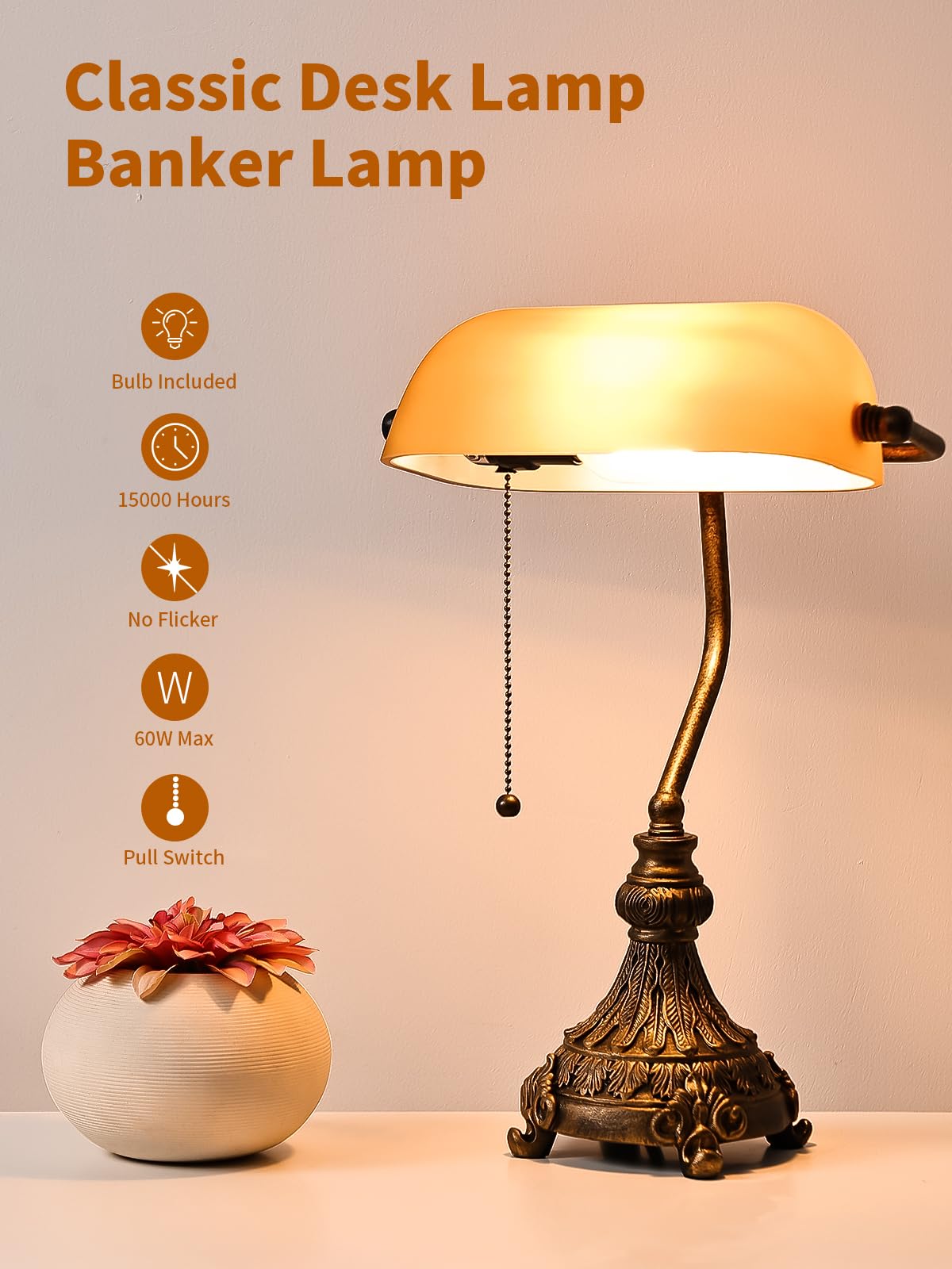 Vintage Amber Glass Bankers Desk Lamp,LED Bulb Included