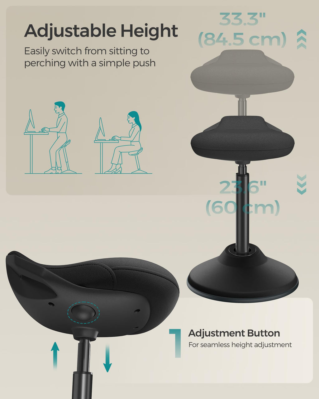 Ergonomic Sit Stand Stool , Height Adjustable Standing Desk Stool 23.6-33.3 Inches, Swivel Balance Chair with Non-Slip Base, Standing Chair, for Active Sitting, Office, Home, Ink Black