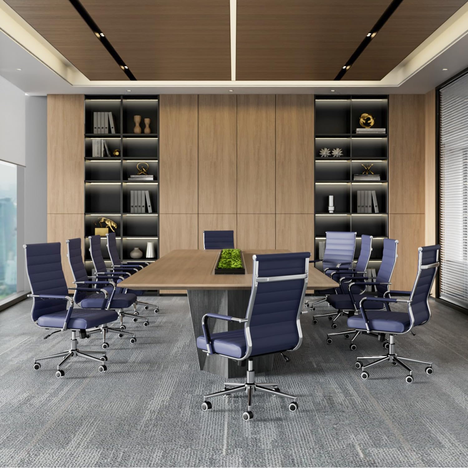 Navy Blue Office Desk Chair, Ergonomic Leather Modern Conference Room Chairs, Executive Ribbed Height Adjustable Swivel Rolling Chair for Home Office.
