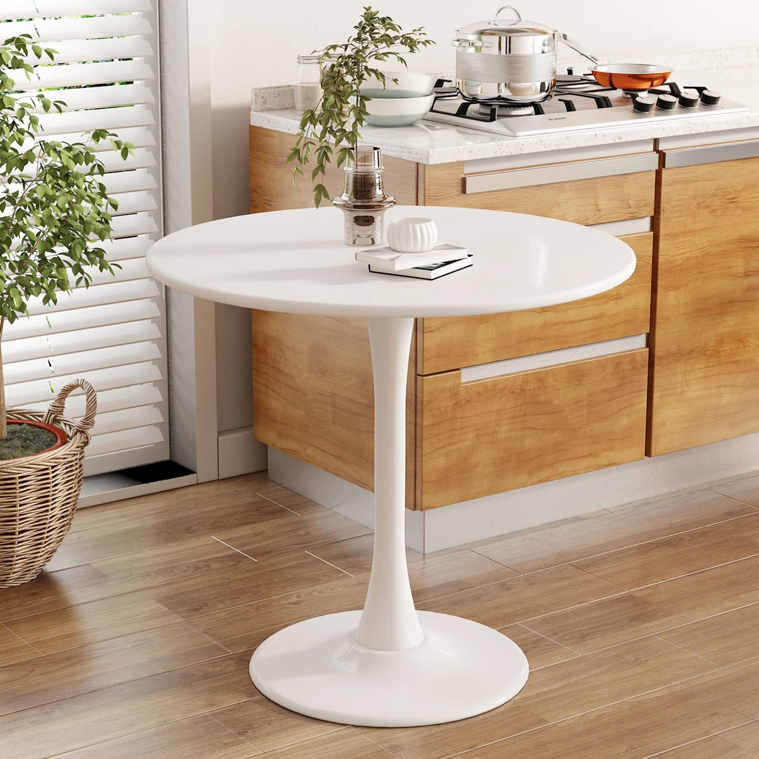 Kasinali Round Dining Table 31.5" Circle Tulip Table with Wood Thickened Tabletop & Sturdy Metal Pedestal Mid Century Modern Leisure Bistro Kitchen Tables 4 People Small Places Living Room Cafe,White