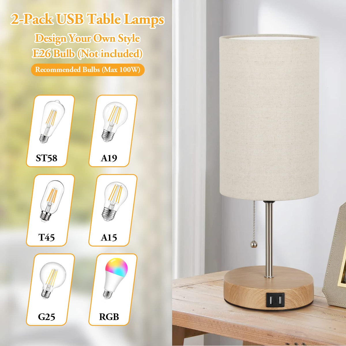 Set of 2 Table Lamps, Modern Bedside Desk Lamps with Pull Chain