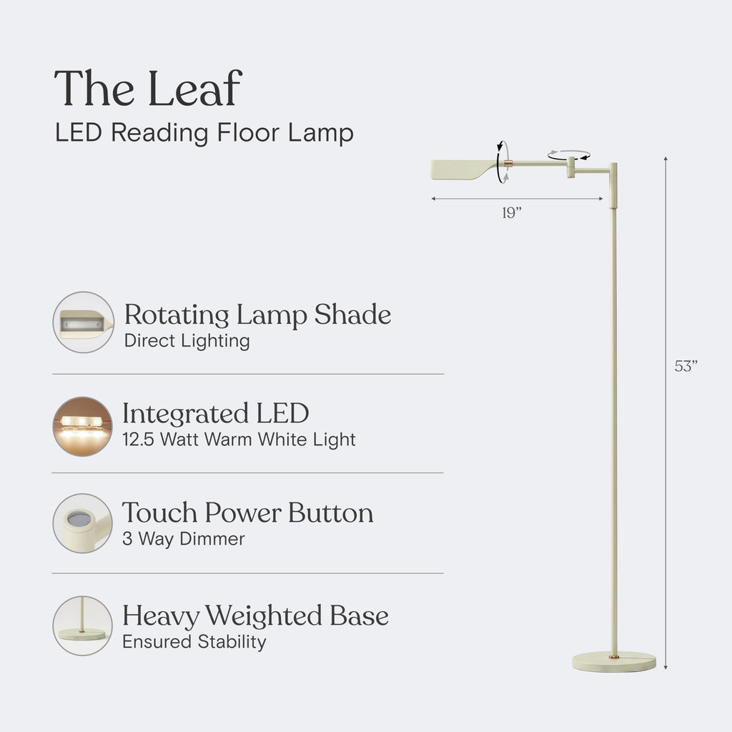 Leaf Pharmacy LED Reading Lamp, Dimmable Floor Lamp with Easy Rotation Over Chair or Desk for Living Rooms & Offices, Adjustable Standing Tall Lamp, for Sewing & Crafts - Gold and Cream