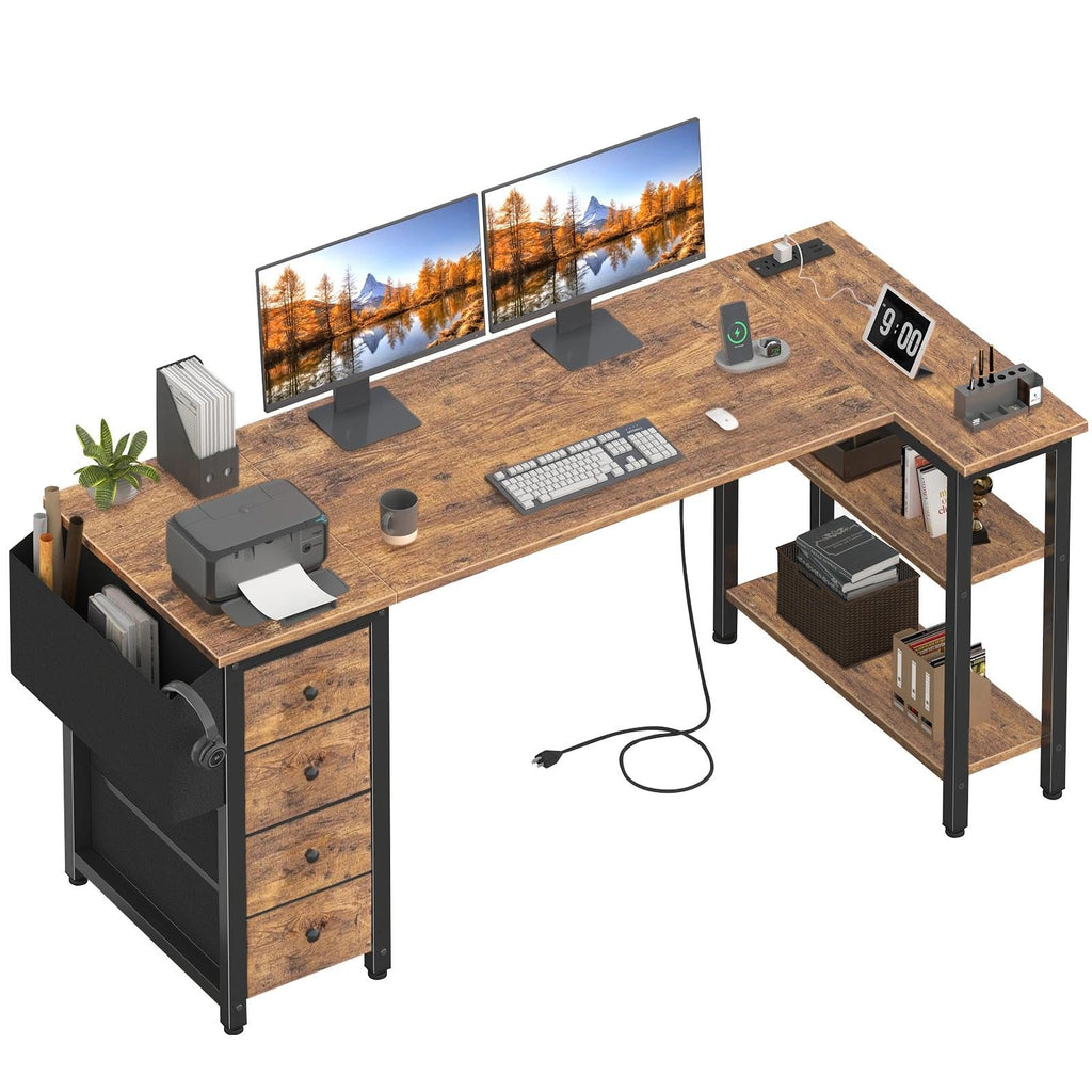 L Shaped Computer Desk with Drawers & Storage Shelves, 63 Inch Corner Desk with Power Outlet for Home Office Bedroom, L-Shaped Teen PC Gaming Desks with Fabric Drawer, Rustic Brown