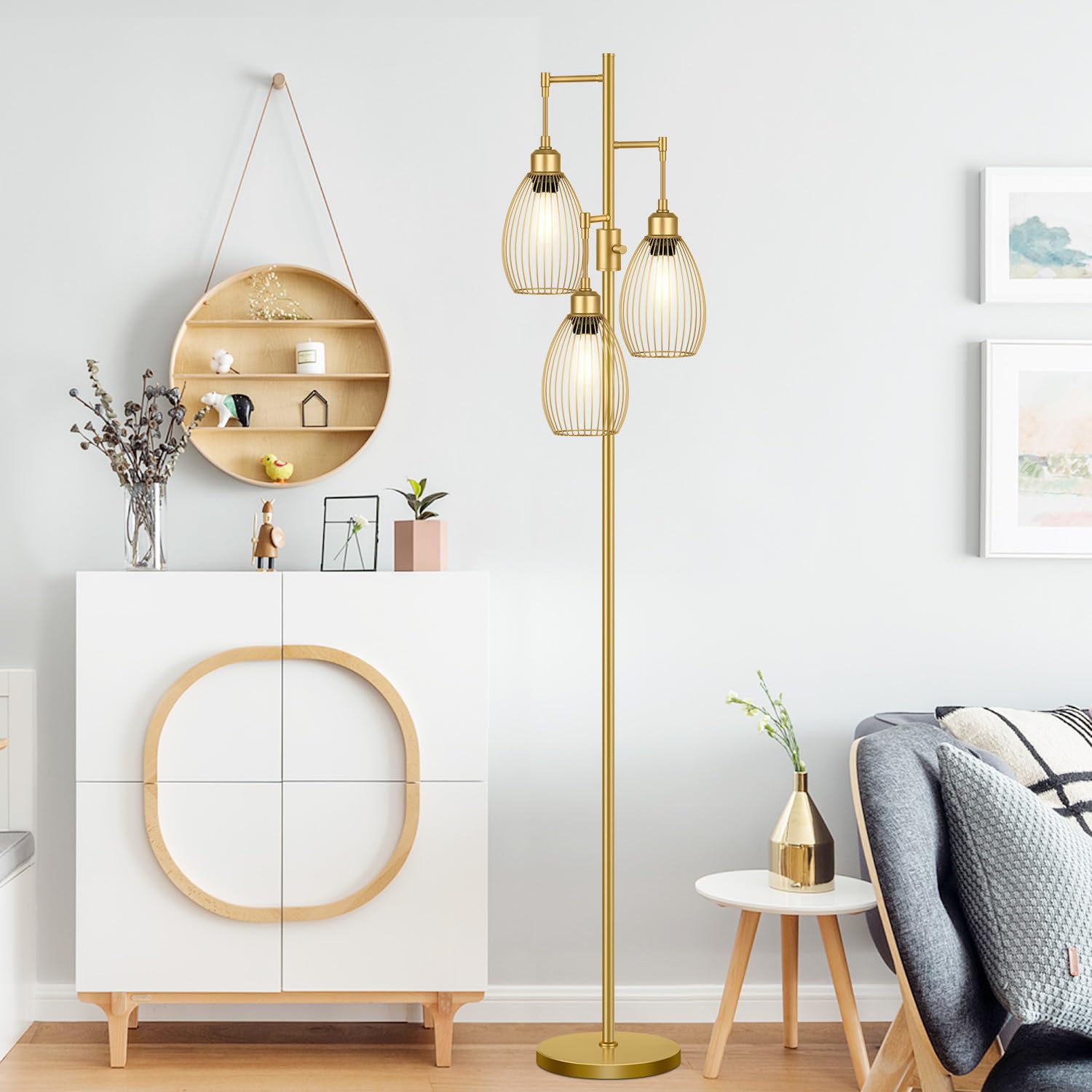 Floor Lamp, 3 x 800LM LED Edison Bulbs Included, Farmhouse Industrial Floor Lamp Standing Tree Lamp with Elegant Teardrop Cage Head Tall Lamp for Living Room Bedroom Office Dining Room - Gold