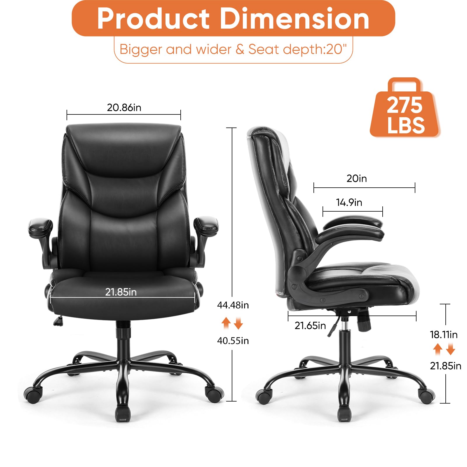 Computer Gaming Chair, Ergonomic High Back Heavy Duty Task Desk Office Chairs with Wheels, Flip-up Arms, Adjustable Height, PU Leather,Inky