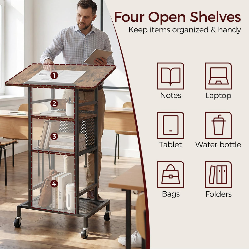 Podium Stand with Locking Wheels, 4-Tier Mobile Lectern with Storage Shelves and Non-Slip Lip, for Classroom, Church, Conference Standing Desk, Rustic Brown and Black LPHR6001