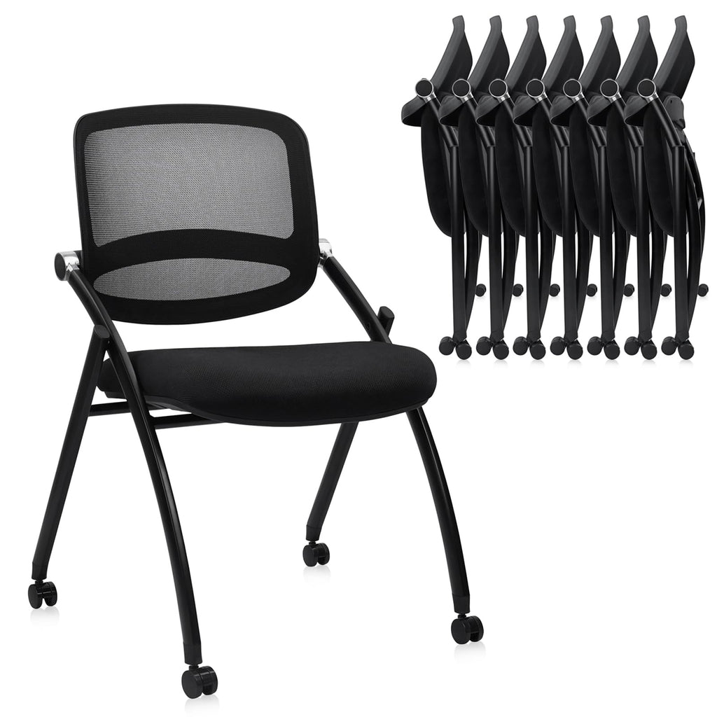 8 Pack, Stackable & Foldable Chairs with Wheels, Reception Guest Chairs with Lumbar Support, Ergonomic Curved Mesh Back Folding Chair for Office Schools Conference Waiting Room, Black