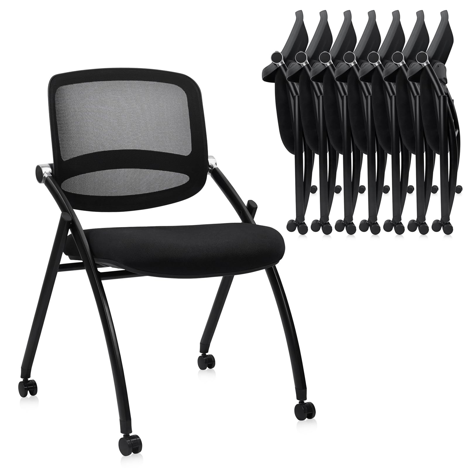 8 Pack, Stackable & Foldable Chairs with Wheels, Reception Guest Chairs with Lumbar Support, Ergonomic Curved Mesh Back Folding Chair for Office Schools Conference Waiting Room, Black