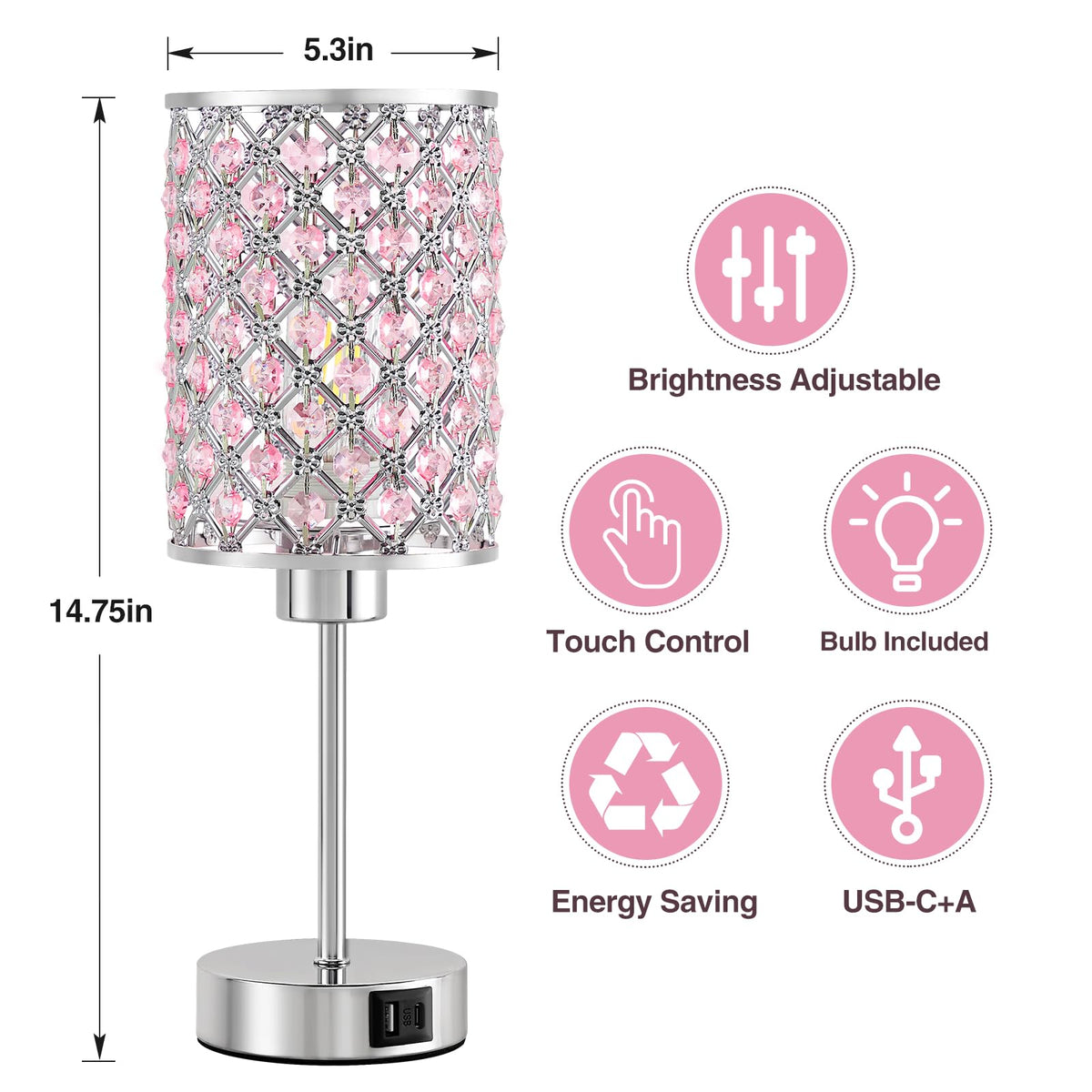 Crystal Table Lamp, Pink Touch Lamp with USB C+A Port, 3-Way Dimmable