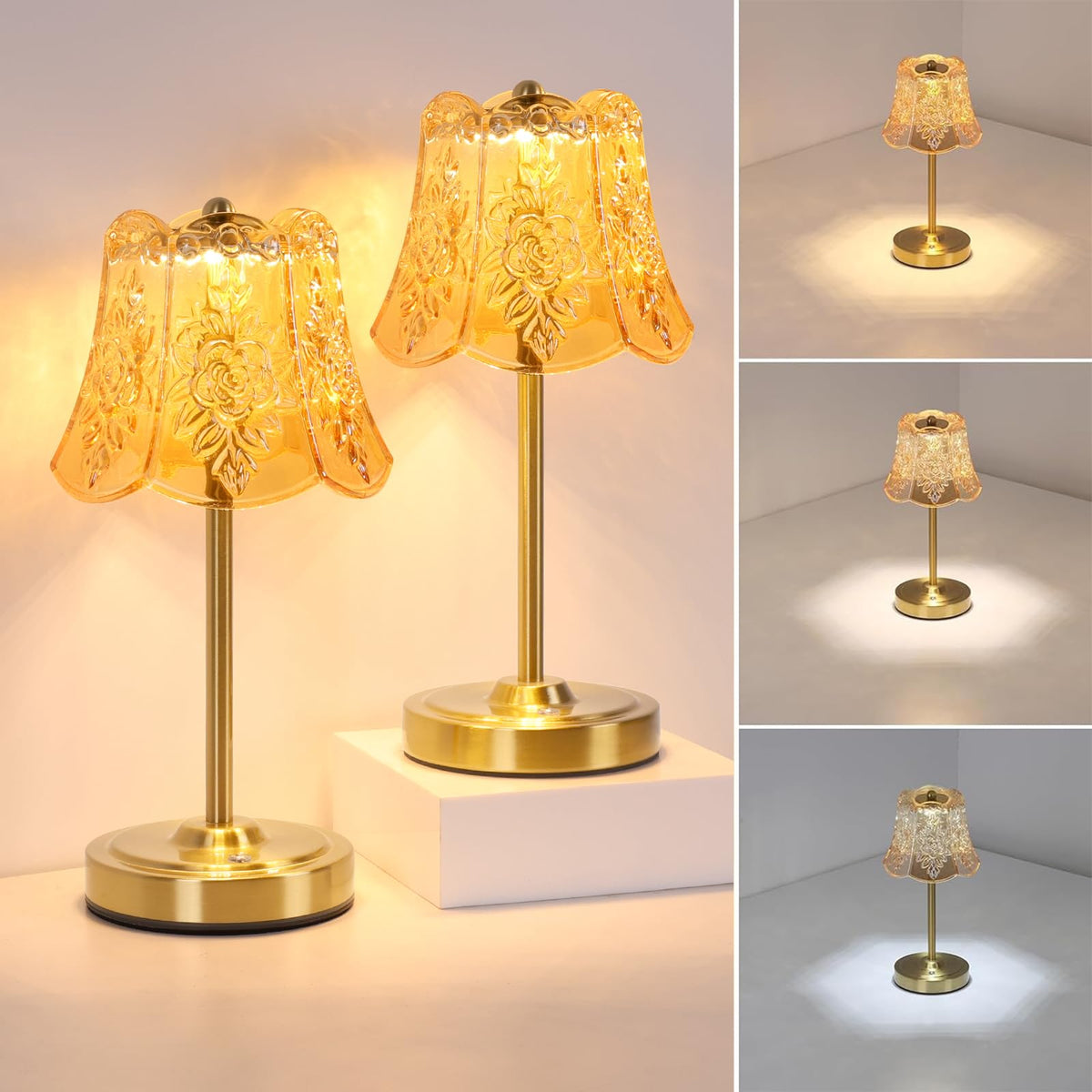 Set of 2 Cordless Touch Table Lamp with 5200mAh Battery - 3 Adjustable Color Temperatures & Dimmable, Rechargeable Lamp for Bedsides, Living Room, Entryway, Bookshelves (Amber Rose)