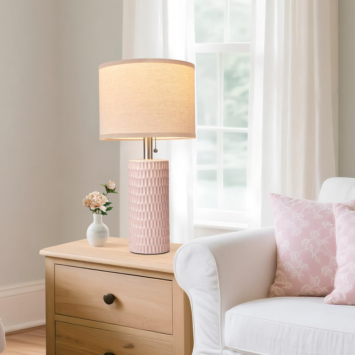 20.5" Modern Ceramic Table Lamps for Bedroom Set of 2, Bedside Lamps for Night Stands with Beige Lampshade, Farmhouse Table Lamp for Living Room Office Dorm, Pink