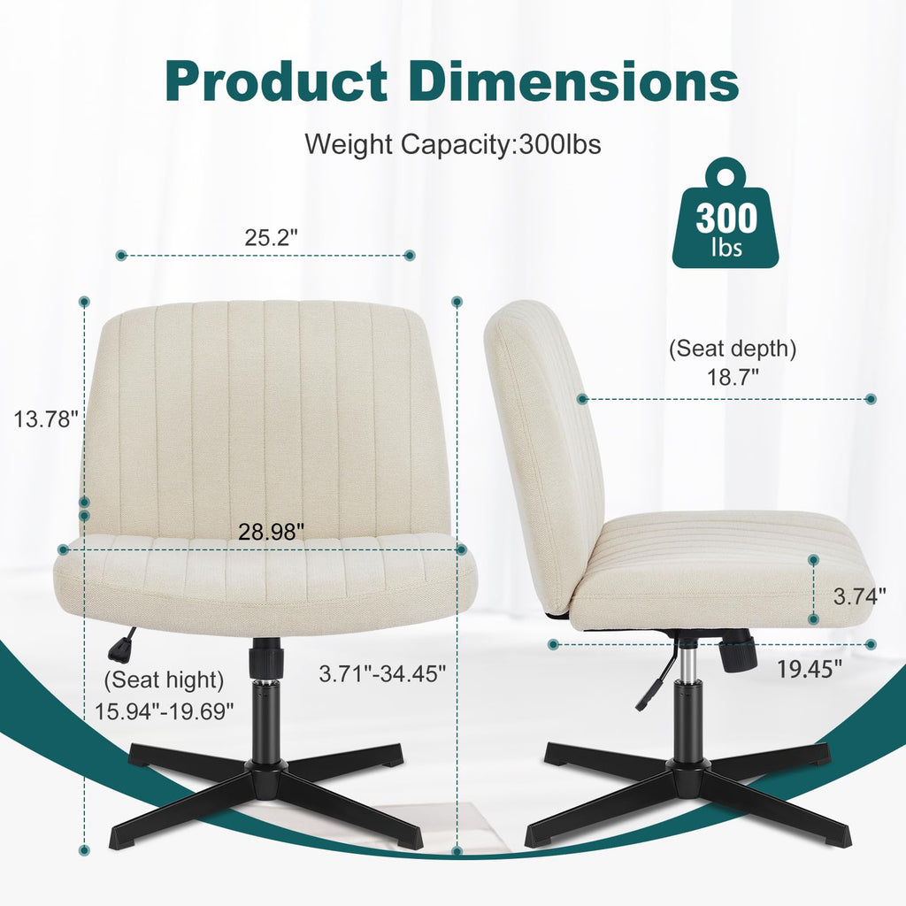 Criss Cross Legged Chairs Armless No Wheels Wide Seat Height Adjustable Swivel Padded Fabric Home Office Desk Chair for Bedroom, Student, Study Room,Beige