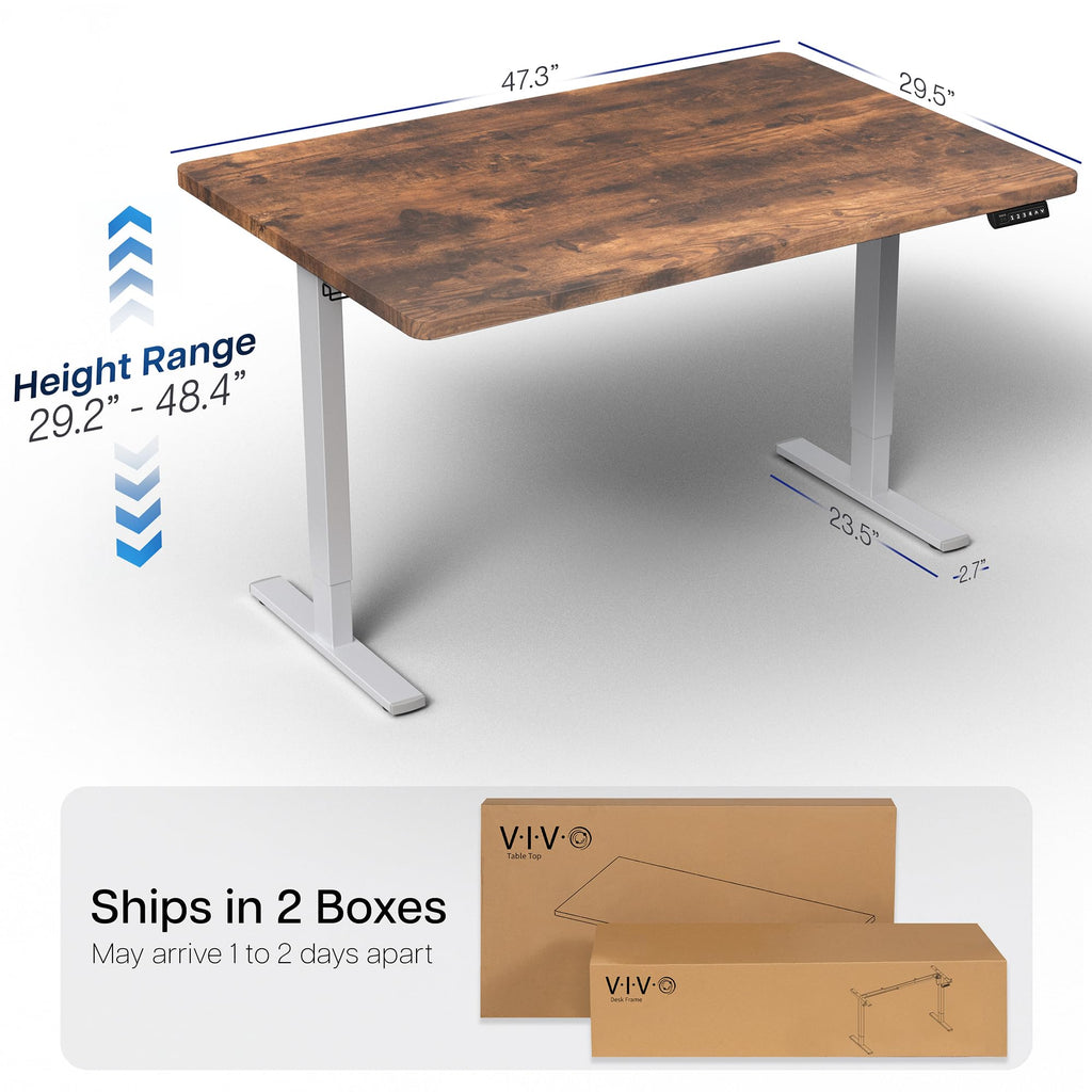 Electric 48 x 30 in Rustic Standing Desk, Memory Height Adjustment, 1B Series, Holds 220 lbs, One-Piece Vintage Brown Top, Gray Frame