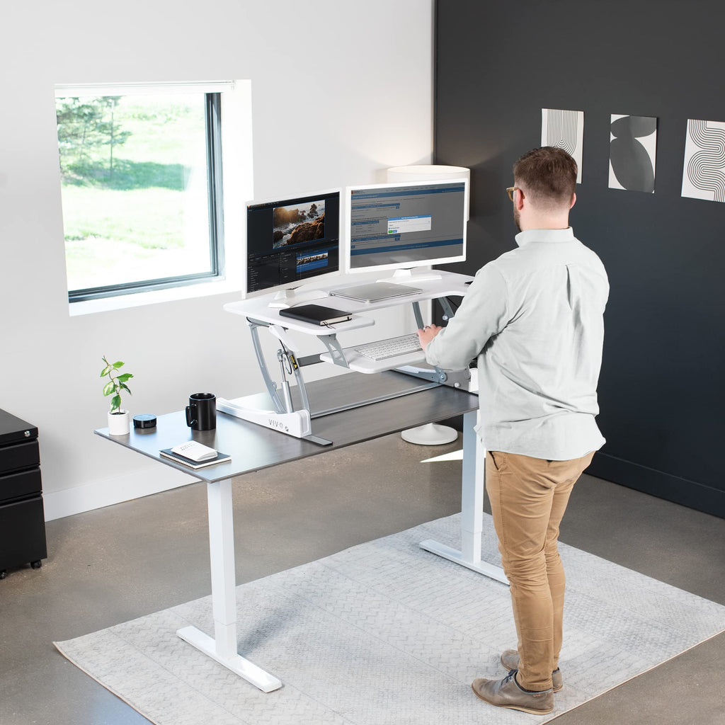 42 inch Height Adjustable Stand Up Desk Converter, V Series, Quick Sit to Stand Tabletop Dual Monitor Riser Workstation, White