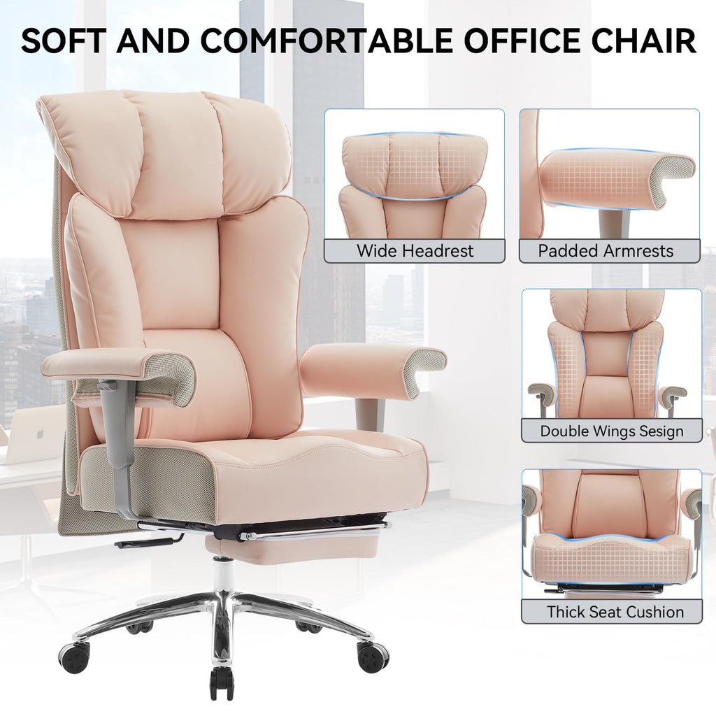 Big & Tall Pink Executive Office Chair 400lbs, Extra Wide 23.2" PU Leather Desk Chair for Women with Footrest, Pocket Spring & Adjustable Arms for Home Office