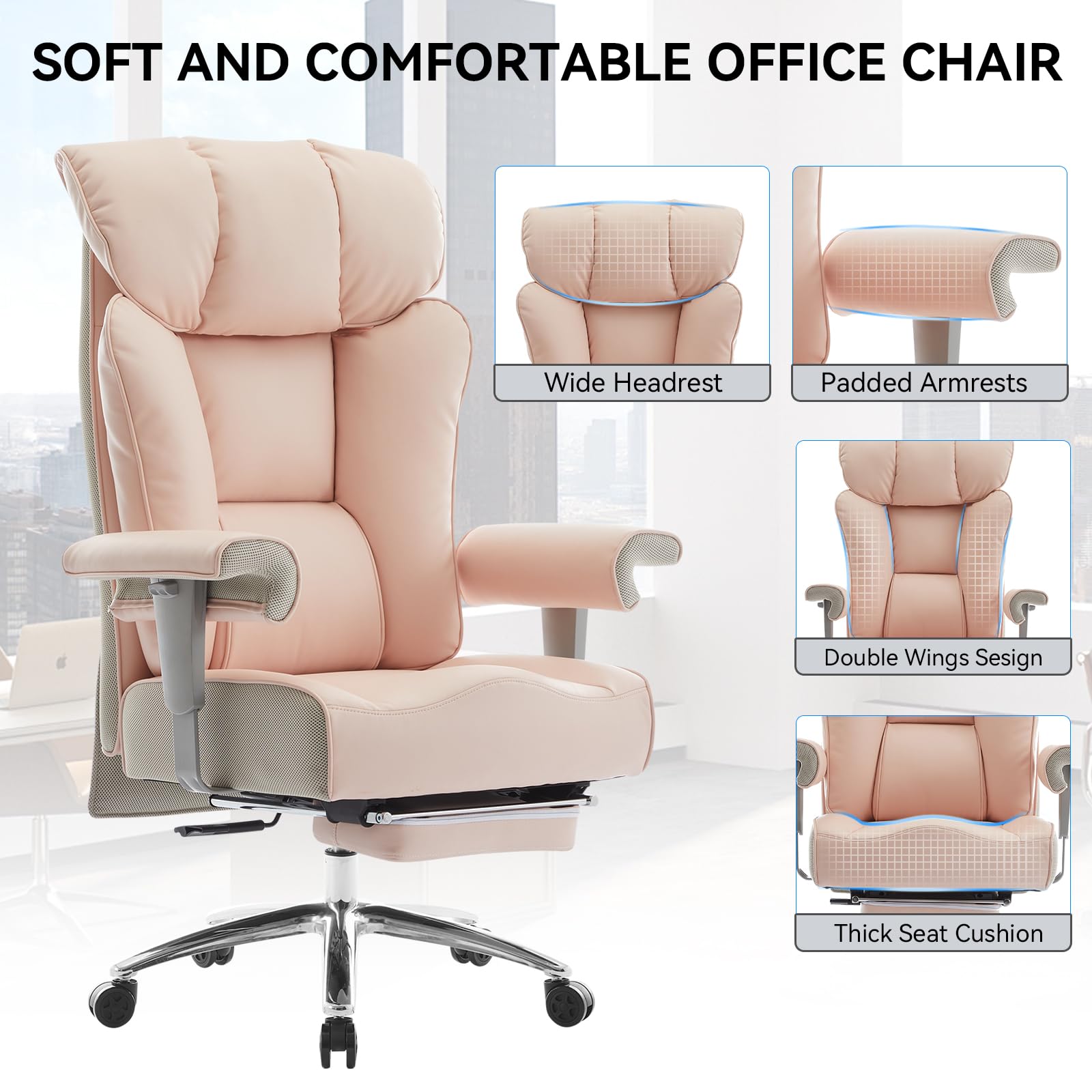 Big & Tall Pink Executive Office Chair 400lbs, Extra Wide 23.2" PU Leather Desk Chair for Women with Footrest, Pocket Spring & Adjustable Arms for Home Office