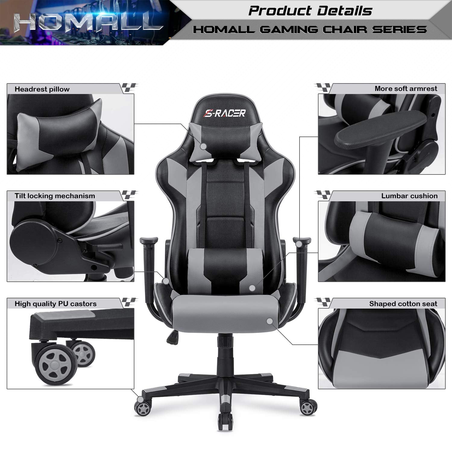 Gaming Chair, Office Chair High Back Computer Chair Leather Desk Chair Racing Executive Ergonomic Adjustable Swivel Task Chair with Headrest and Lumbar Support (Grey)
