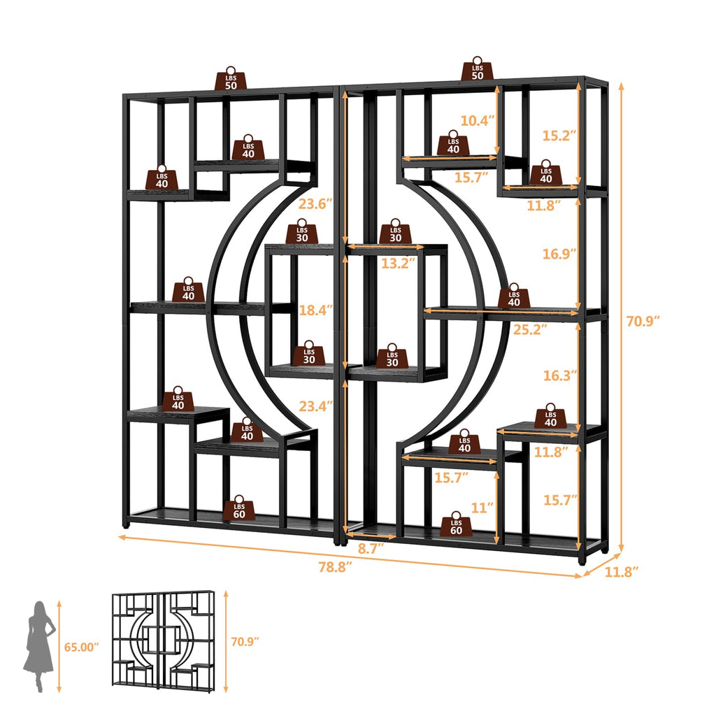 Bookshelf Set of 2 with Metal Frame, 5 Tier Geometric Bookcase, Adjustable Modern Book Shelf with 18 Open Storage Shelves, Display Shelf for Living Room, Office, Bedroom,Black
