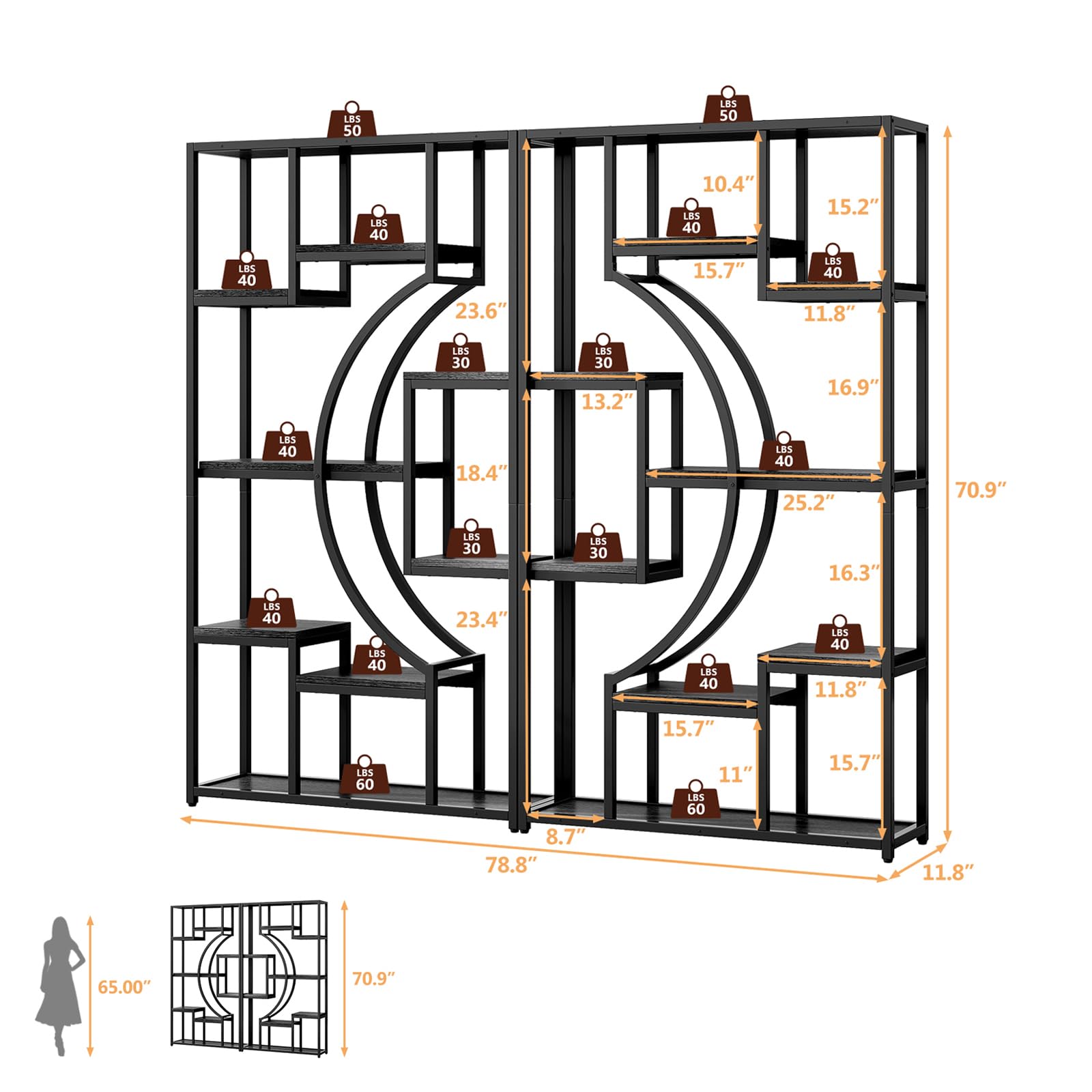 Bookshelf Set of 2 with Metal Frame, 5 Tier Geometric Bookcase, Adjustable Modern Book Shelf with 18 Open Storage Shelves, Display Shelf for Living Room, Office, Bedroom,Black