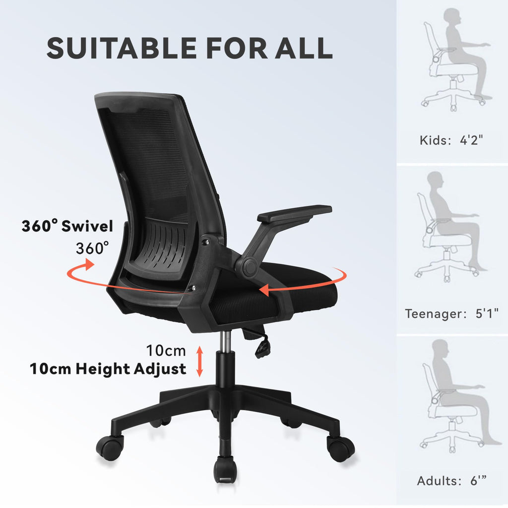 Office Chair with Flip-up Armrests Ergonomic Computer Desk Chair with Adaptive Lumbar Support & Breathable Mesh, Black