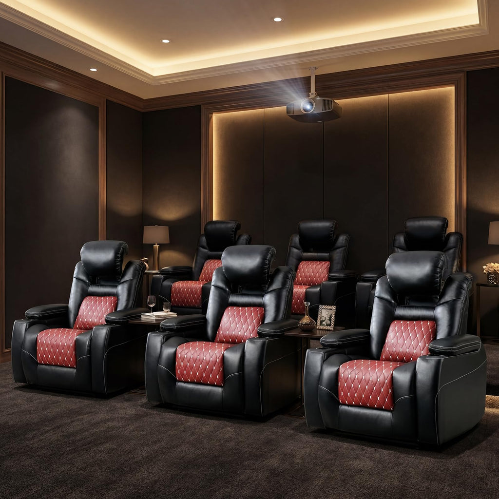 Power Recliner Chair Set of 6,Home Theater Seating with Adjustable Headrest,Cup Holders,USB Port,Hidden Arm Storage(Black)