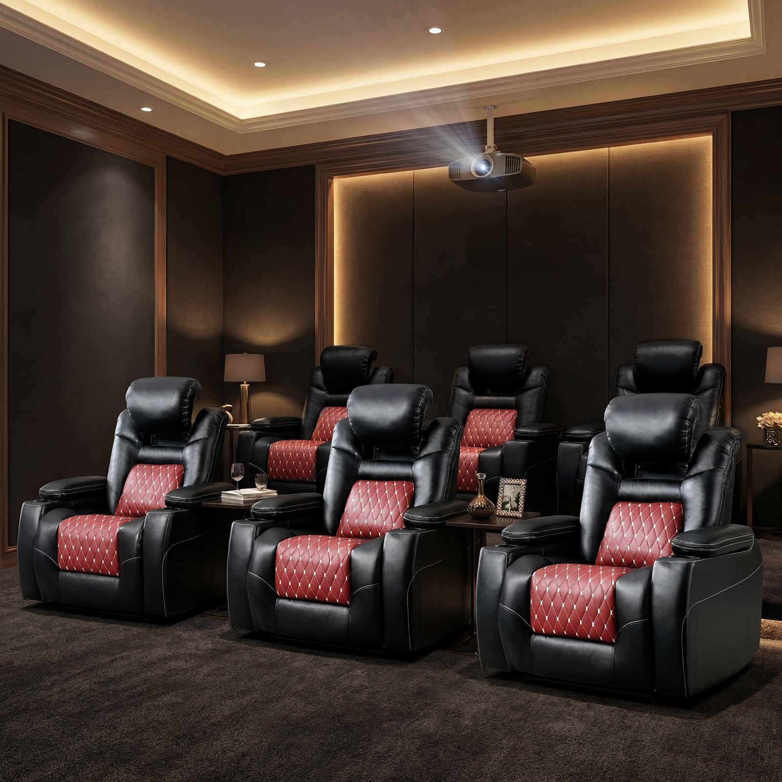 Power Recliner Chair Set of 6,Home Theater Seating with Adjustable Headrest,Cup Holders,USB Port,Hidden Arm Storage(Black)