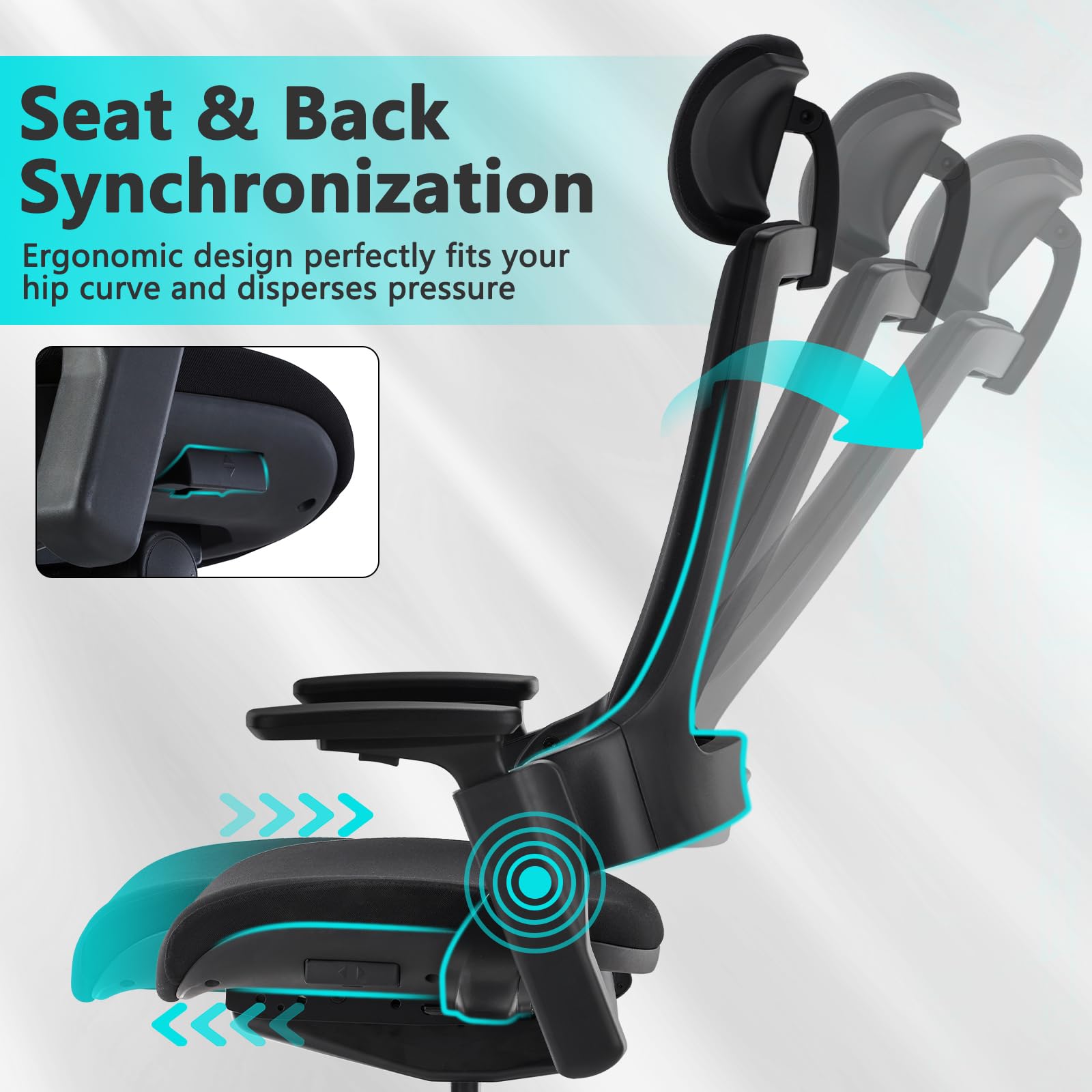 Ergonomic High Swivel Executive Chair with Adjustable Height Head 3D Arm Rest Lumbar Support and Upholstered Back for Home Office Black