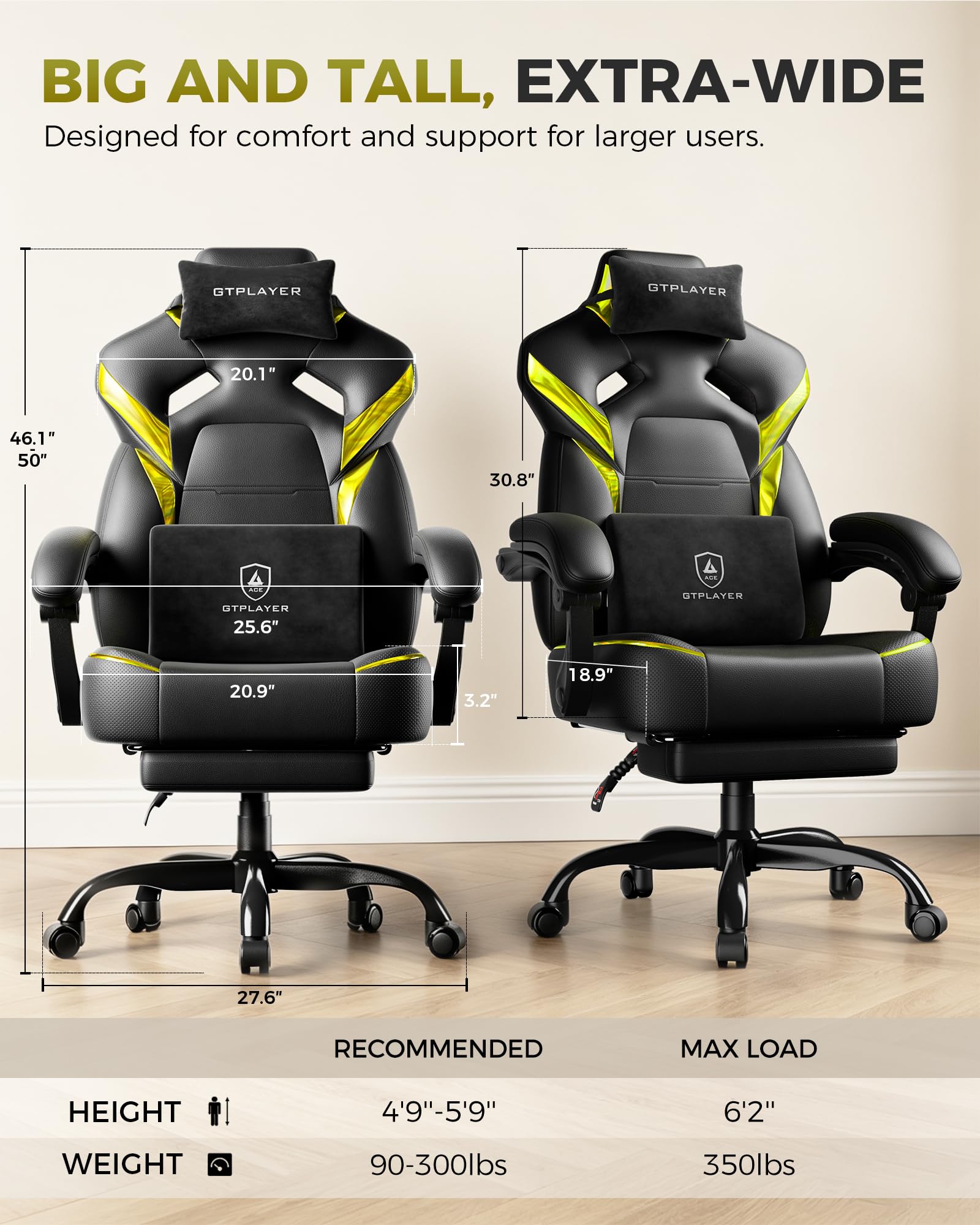 Big and Tall Gaming Chair with Footrest, High Back Ergonomic Office Chair for Adults, Heavy Duty 350 lbs Capacity, Premium Leather & Iridescent Trim, ACE-Armor, Yellow