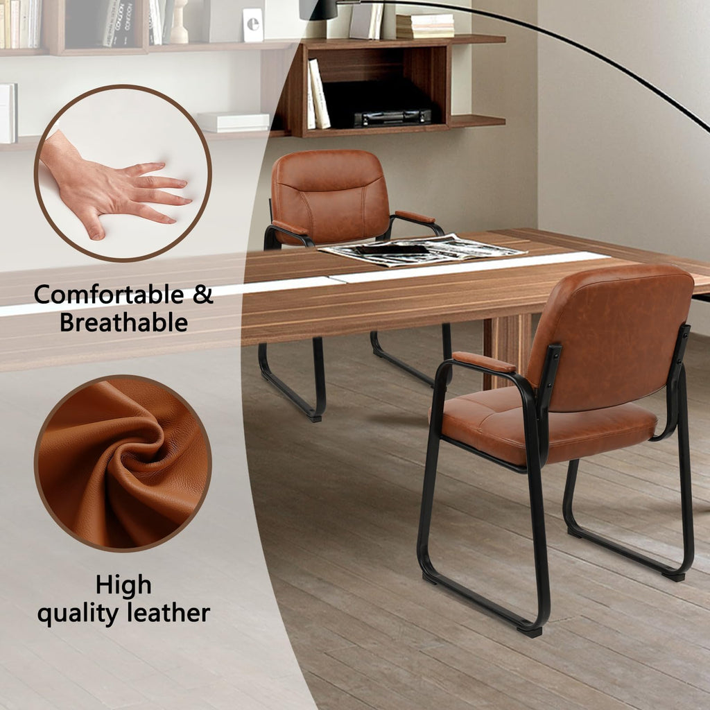 Waiting Room Guest Chair with Bonded Leather Padded Arm Rest for Office Reception and Conference Desk Black with Sled Base Brown 1 Pack