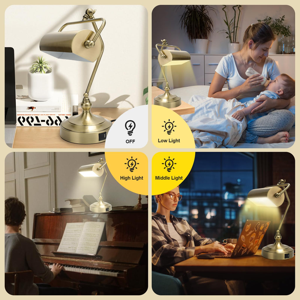 Classic Antique Touch Adjustable Desk Lamp, Banker Lamp, Piano Lamp, Eye Protection Table Lamp with Output Charging Port (LED Bulb Included in Package) (Bronze)