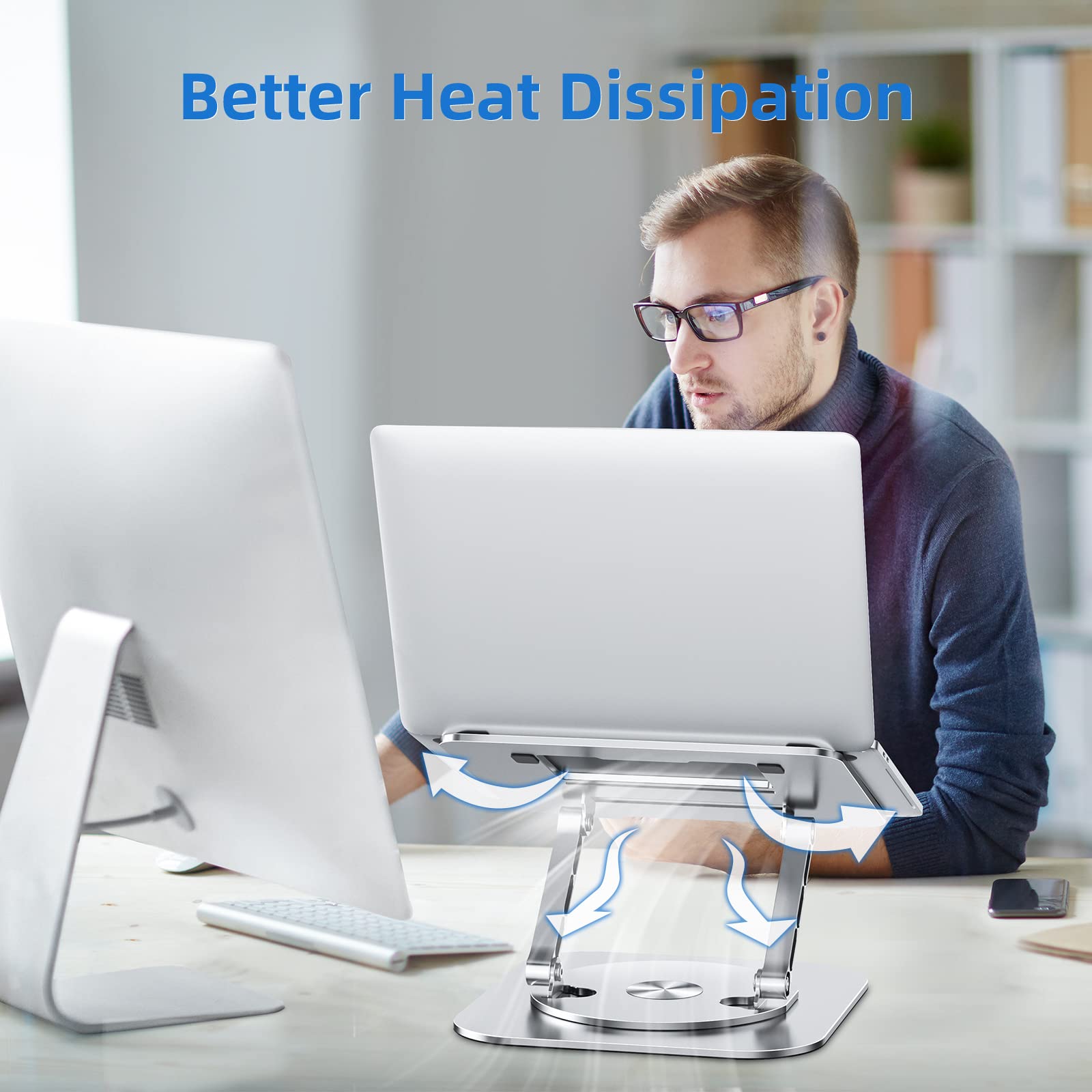 Laptop Stand with 360° Rotating Base, Foldable Adjustable Computer Holder, Ergonomic Design Compatible with MacBook Air Pro, Dell XPS, HP, Lenovo More 10-17" (A-Silver)
