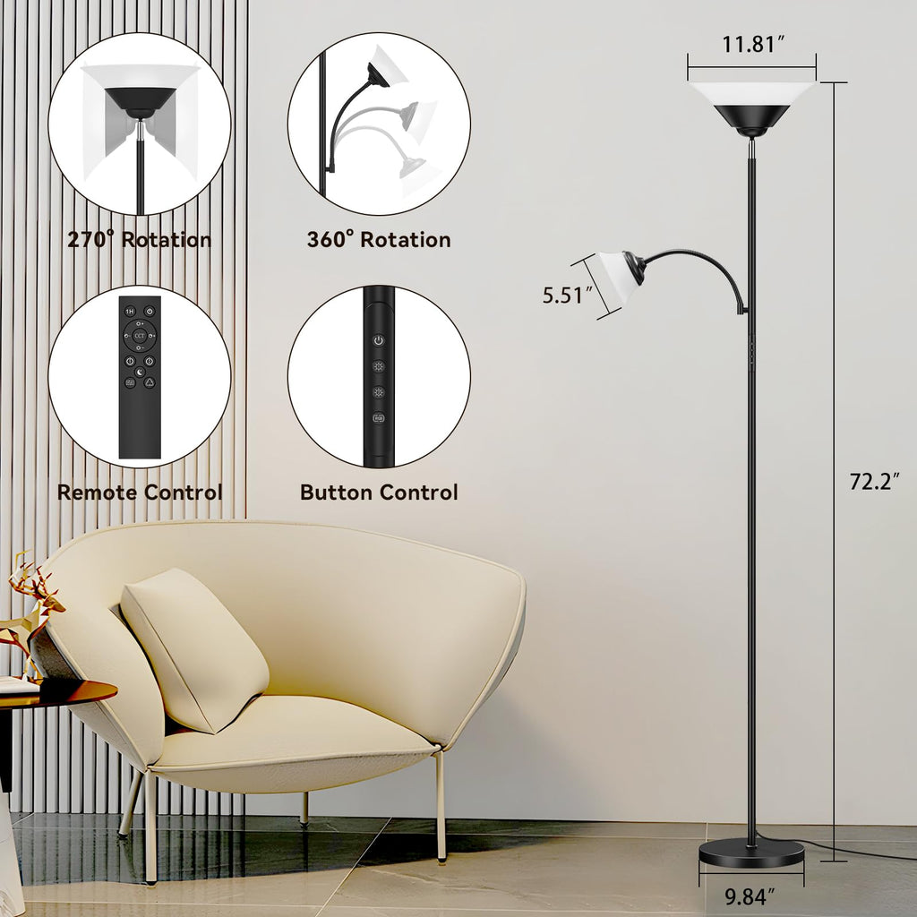 RGB Torchiere Floor Lamp, 2-in-1 Dimmable Standing Lamp with Remote & Button Control, 34W 360° Rotatable LED Reading Lamp, 72" Modern Tall Corner Lamp for Bedroom, Living Room, Office, Black