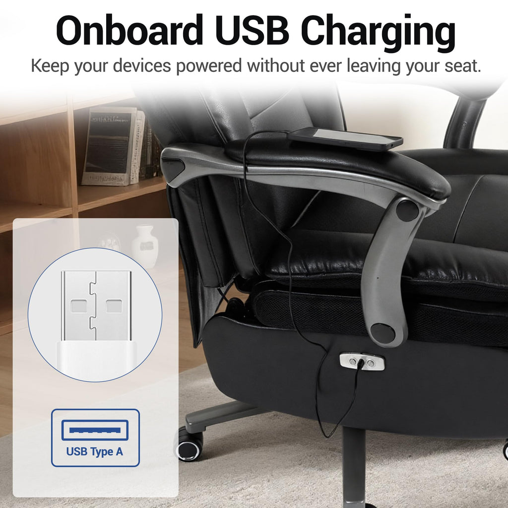 Electric Office Chair with USB Charging, 420lbs PU Leather Power Executive Recliner w/Footrest, High Back Ergonomic PC Chair for Home Office Gaming Boss Room, Black