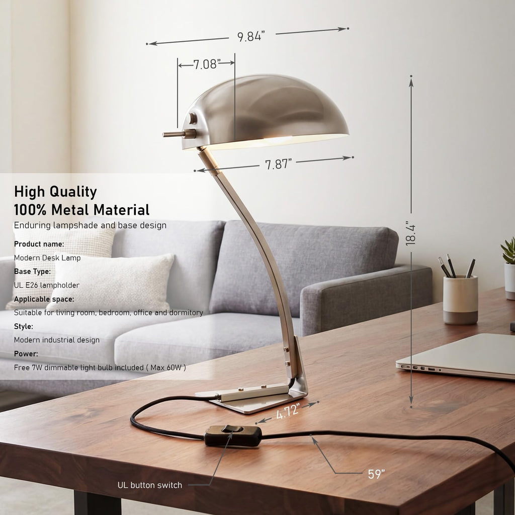 18.4" Metal Desk Lamp Modern Industrial Table Lamp, Adjustable Neck Architect Lights (3000K) with On/Off Switch, Bedside Reading Lamps for Office Bedroom Study Room Side Table (Nickel)