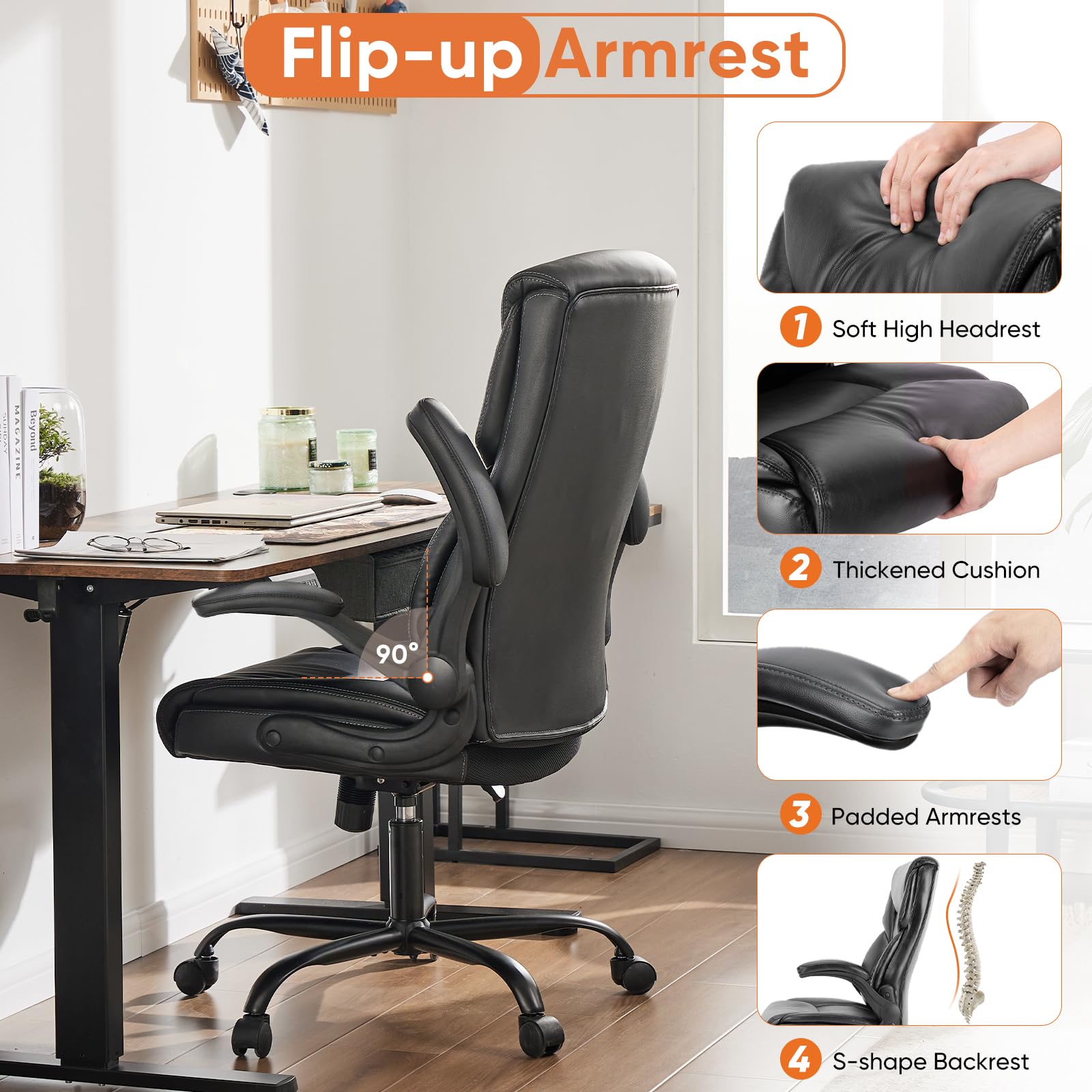 Computer Gaming Chair, Ergonomic High Back Heavy Duty Task Desk Office Chairs with Wheels, Flip-up Arms, Adjustable Height, PU Leather,Inky