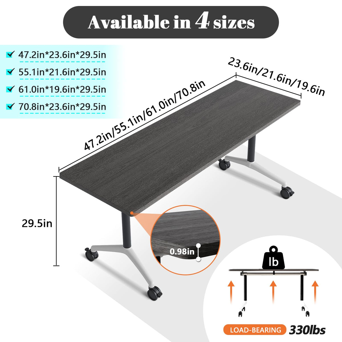 Conference Room Tables White,Folding Rectangular Flip Top Conference Table with Wheels for Large Meeting Seminar Home Office Classr (6, Grey, 55.1in)