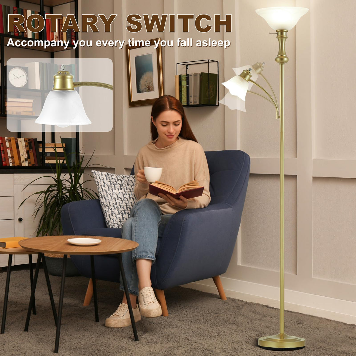 Torchiere Glod Floor Lamp with Adjustable Angle Reading Lamp-71IN