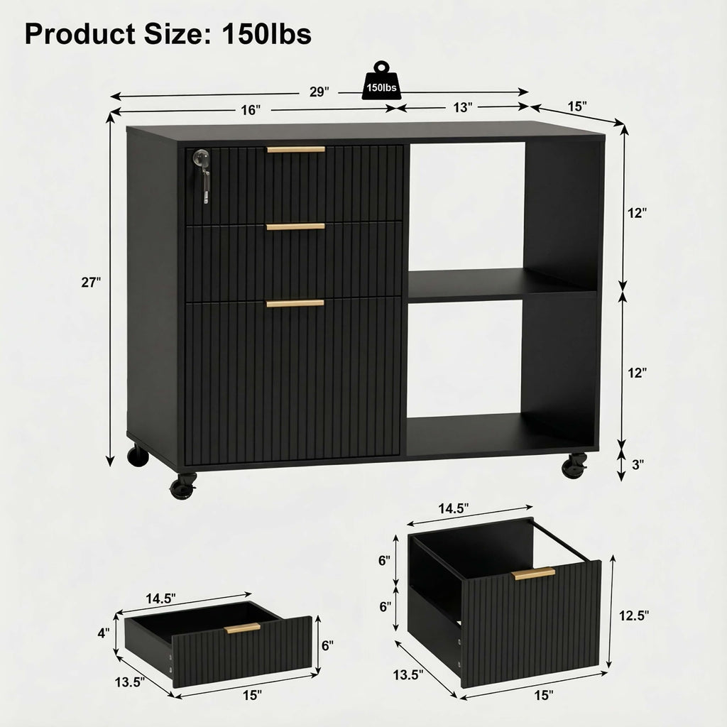 3 Drawer Fluted Mobile Filing Cabinet with Lock, Lateral Rolling Under Desk File Cabinet, Wooden Printer Stand Table for Home Office Essentials Storage Organization Furniture Letters/A4(Black)