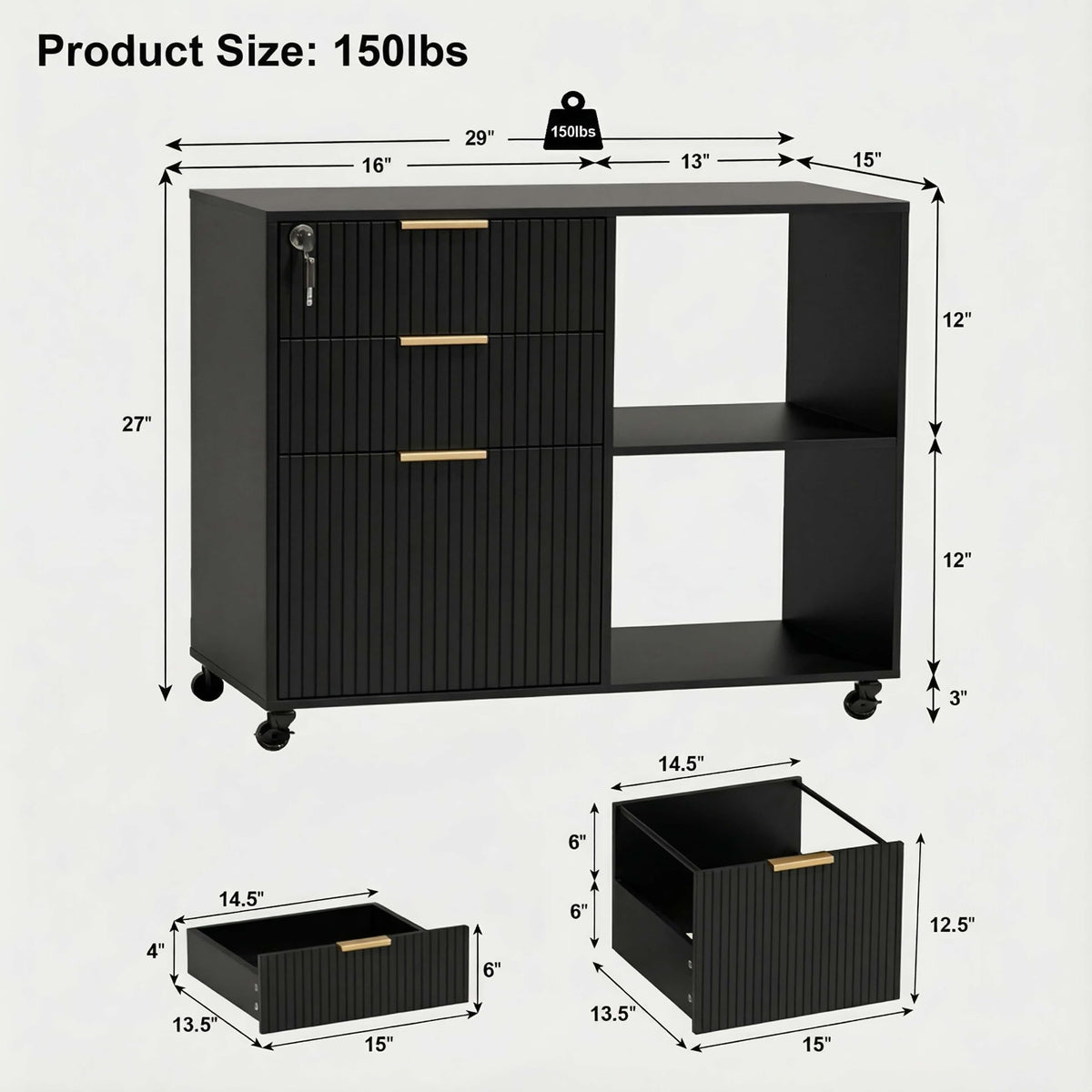 3 Drawer Fluted Mobile Filing Cabinet with Lock, Lateral Rolling Under Desk File Cabinet, Wooden Printer Stand Table for Home Office Essentials Storage Organization Furniture Letters/A4(Black)