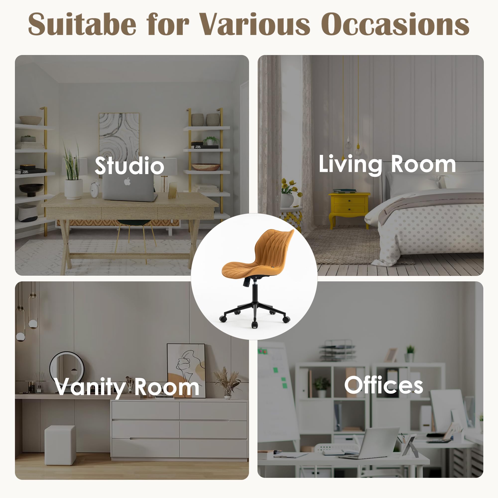 Armless Desk Chair Comfy Office Chair with Wheels Home Ergonomic Task Chair Adjustable Computer Chairs Modern Faux Leather Swivel Chair Upholstered Makeup Vanity Chair with Back(Camel)