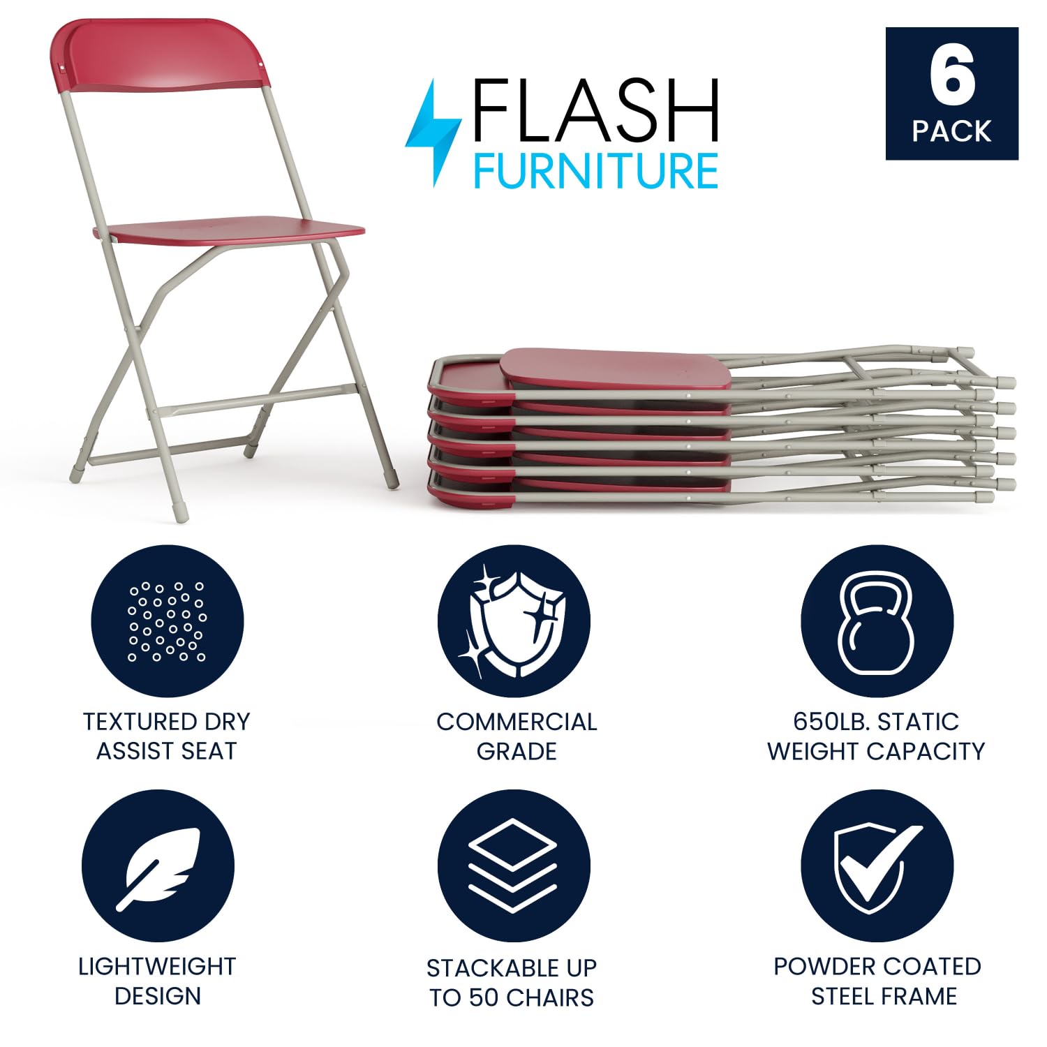 6 Pack , Hercules Series Plastic Folding Chair - Red -650LB Weight Capacity Comfortable Event Chair-Lightweight Folding Chair