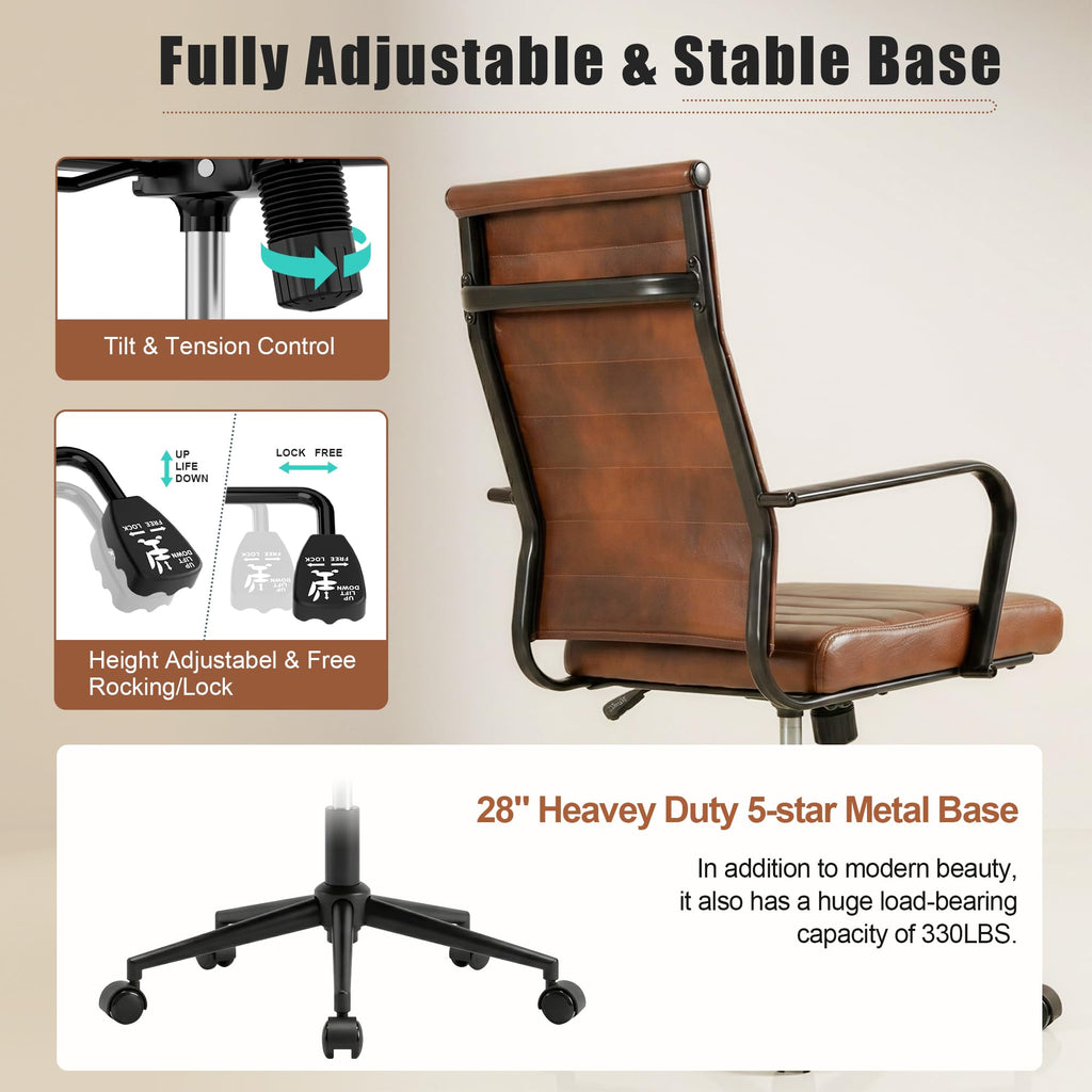 Leather Office Desk Chair, Mid-Century Modern Leather Conference Room Chairs, Ergonomic Executive Ribbed Height Adjustable Swivel Rolling Chair for Home Office.