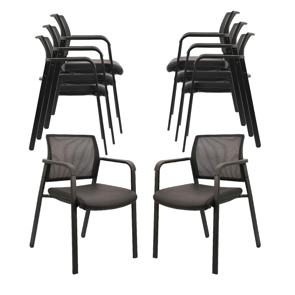 Set of 8, Stackable Office Chair, Mesh Back Guest Chairs with Comfortable Leather Seat Arms Stacking Ergonomic Desk Chair No Wheels for Conference Waiting Reception School Stationary, Black