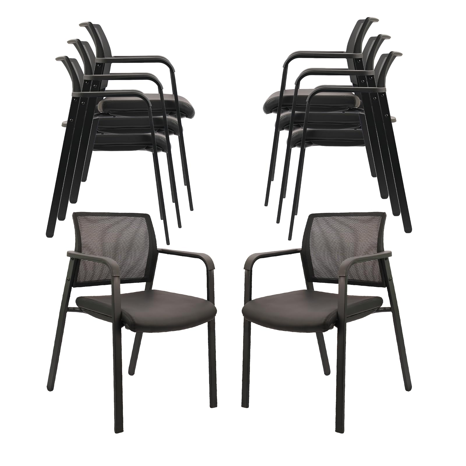 Set of 8, Stackable Office Chair, Mesh Back Guest Chairs with Comfortable Leather Seat Arms Stacking Ergonomic Desk Chair No Wheels for Conference Waiting Reception School Stationary, Black