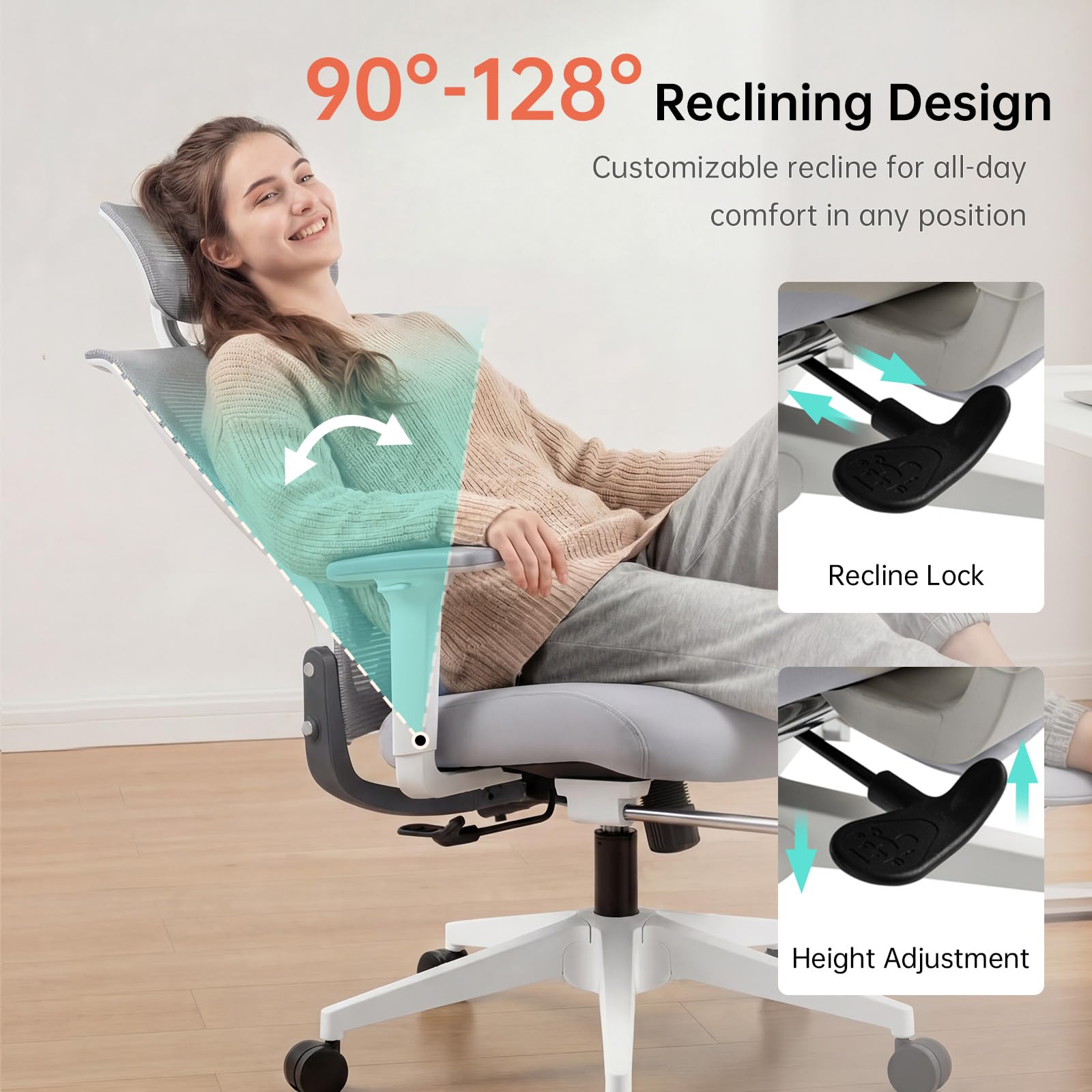 Foldable Office Chair with Foot Rest, Ergonomic Office Chair with Adjustable Lumbar Support, Headrest, Armrest, Home Office Desk Chairs for Space Saving, Grey