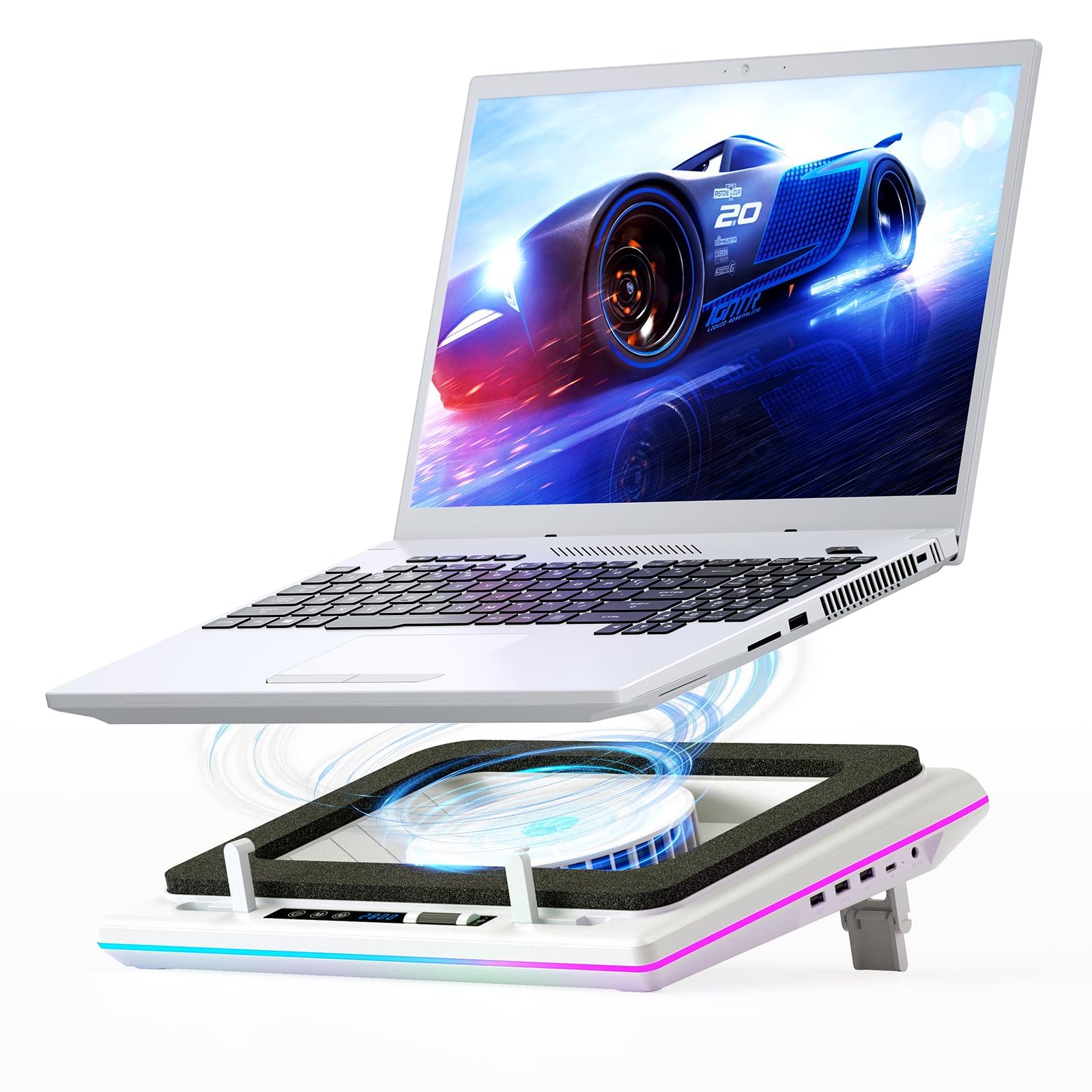 RGB Laptop Cooling Pad, White, Powerful Turbofan, Quiet Cooling, Touch Control, LCD Screen, Seal Foam, 15-19in Laptops
