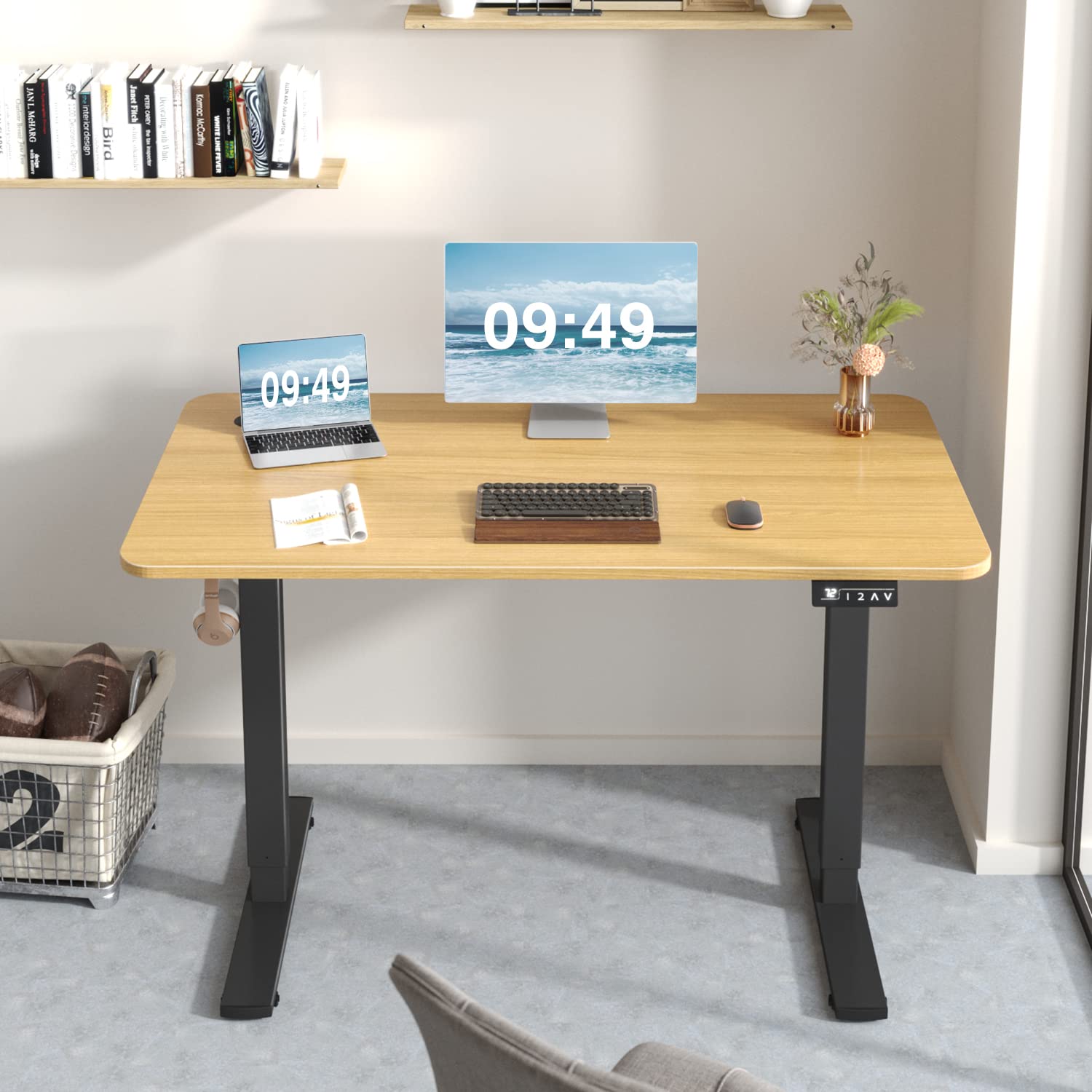 Electric Height Adjustable Standing Desk Large 48 x 24 Inches Sit Stand up Desk Home Office Computer Desk Memory Preset with T-Shaped Metal Bracket, Maple