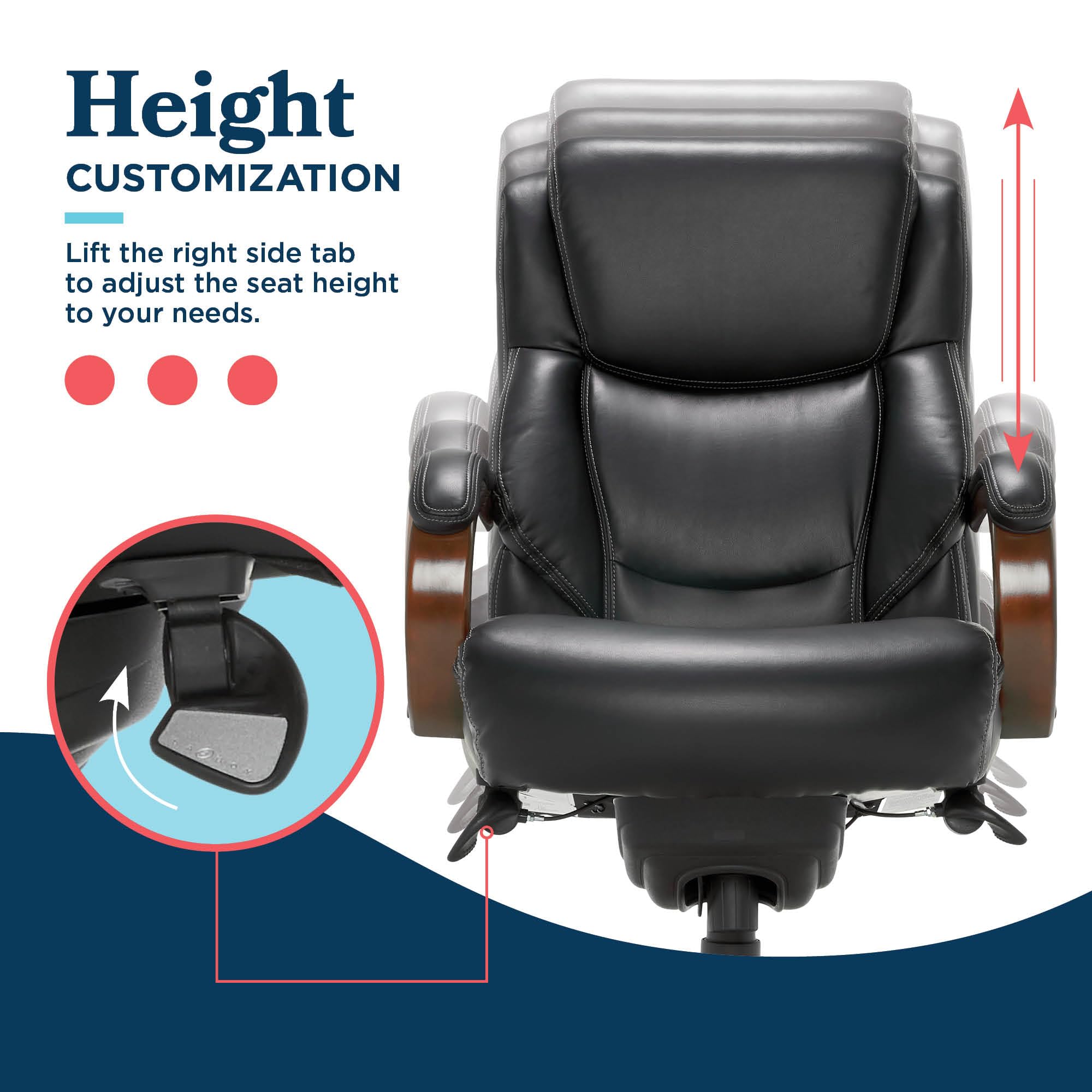Delano Big and Tall Executive Office Chair - Ergonomic Lumbar Support Memory Foam - Bonded Leather Desk Chair for Home Office - Mahogany Wood Arms - Black