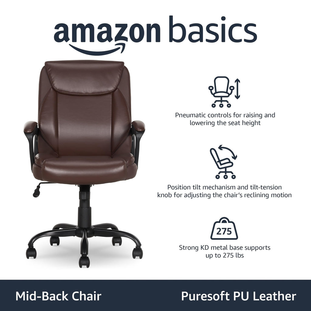 Classic Puresoft PU Padded Mid-Back Office Chair with Armrest, Height Adjustable, Wheels, 25.75"D x 24.25"W x 42.25"H, Brown